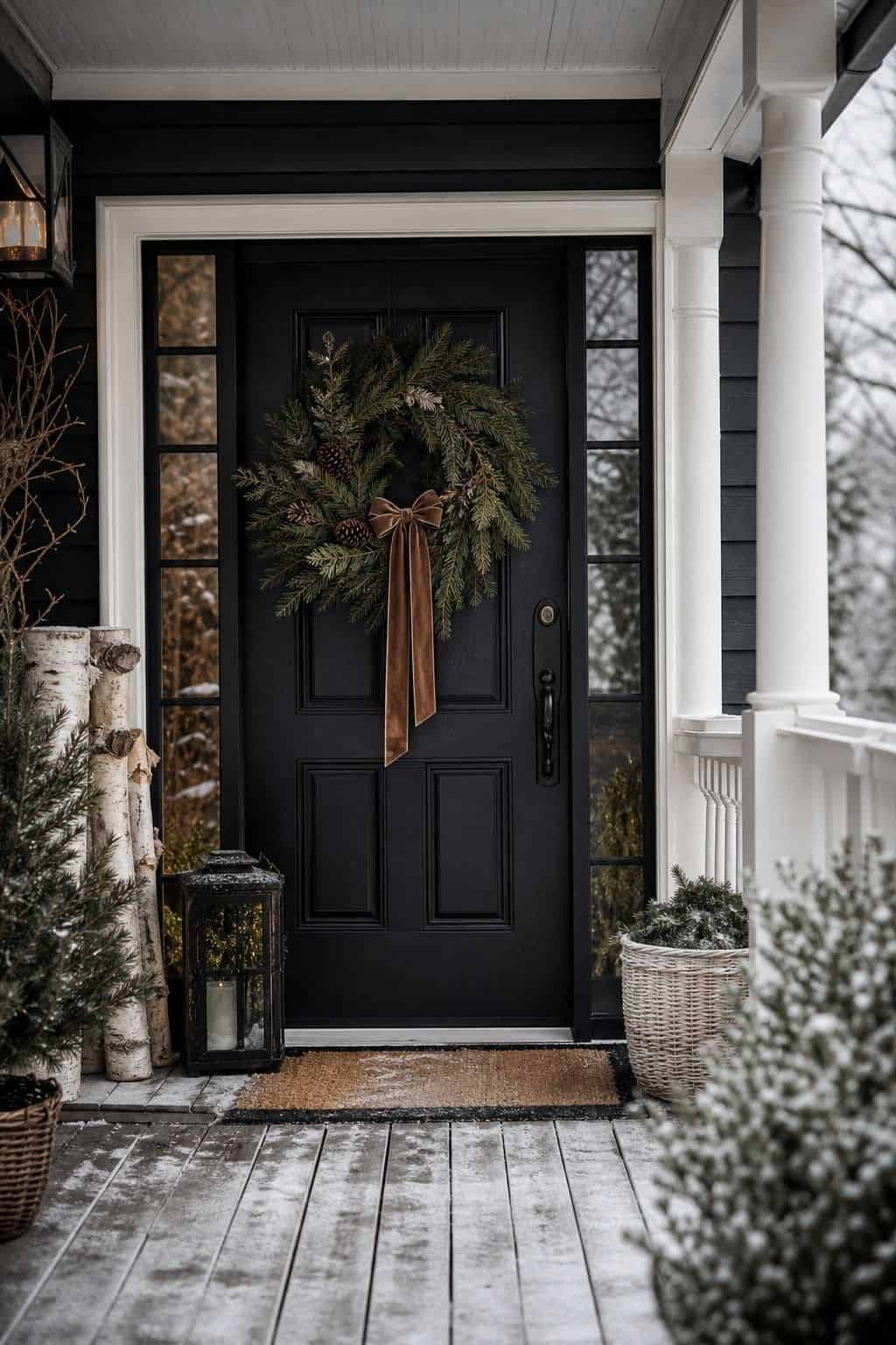 Winter porch decor idea with evergreen wreath for practical seasonal styling.