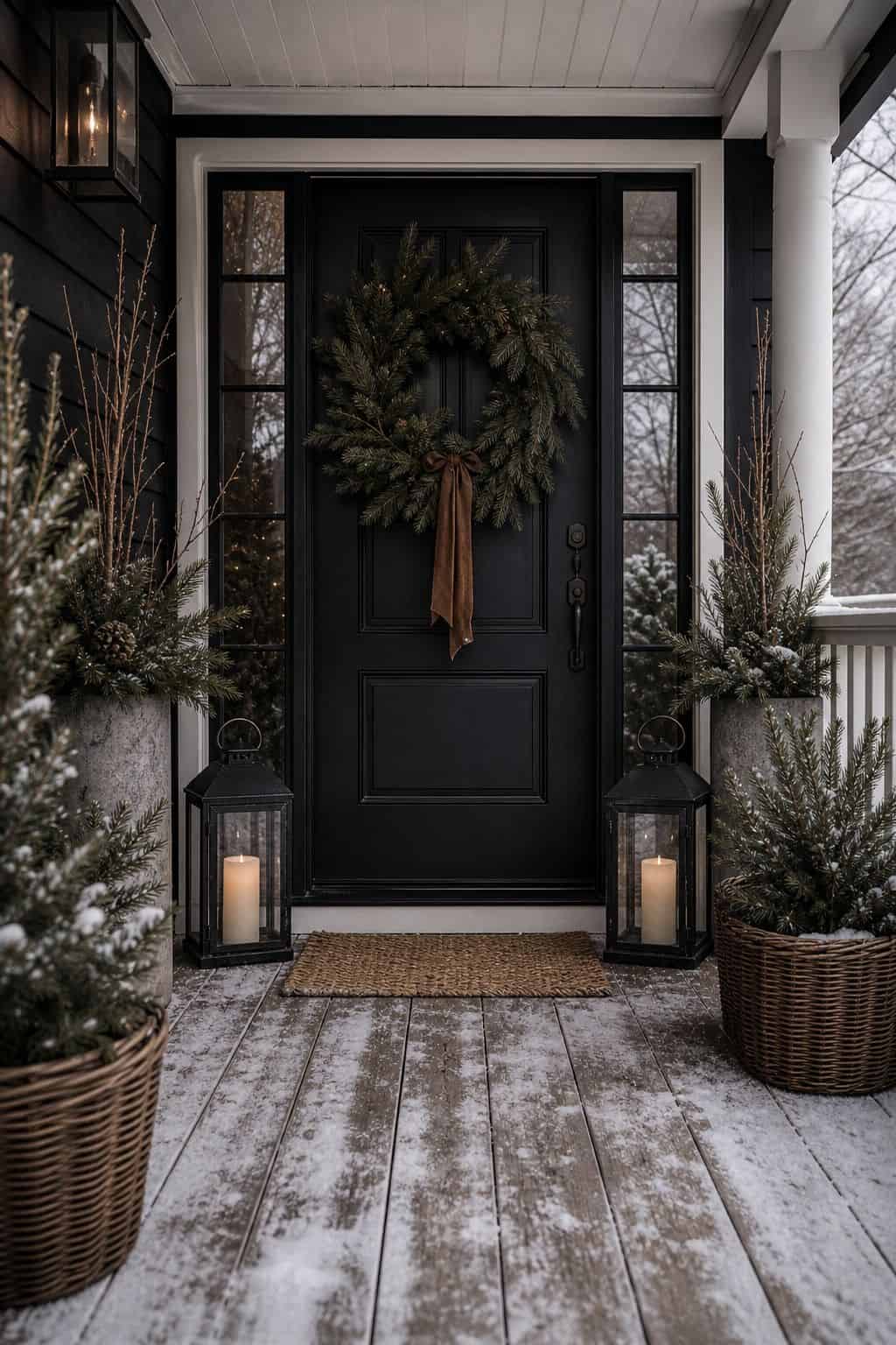 Winter porch decor idea with black lantern pair for practical seasonal styling.