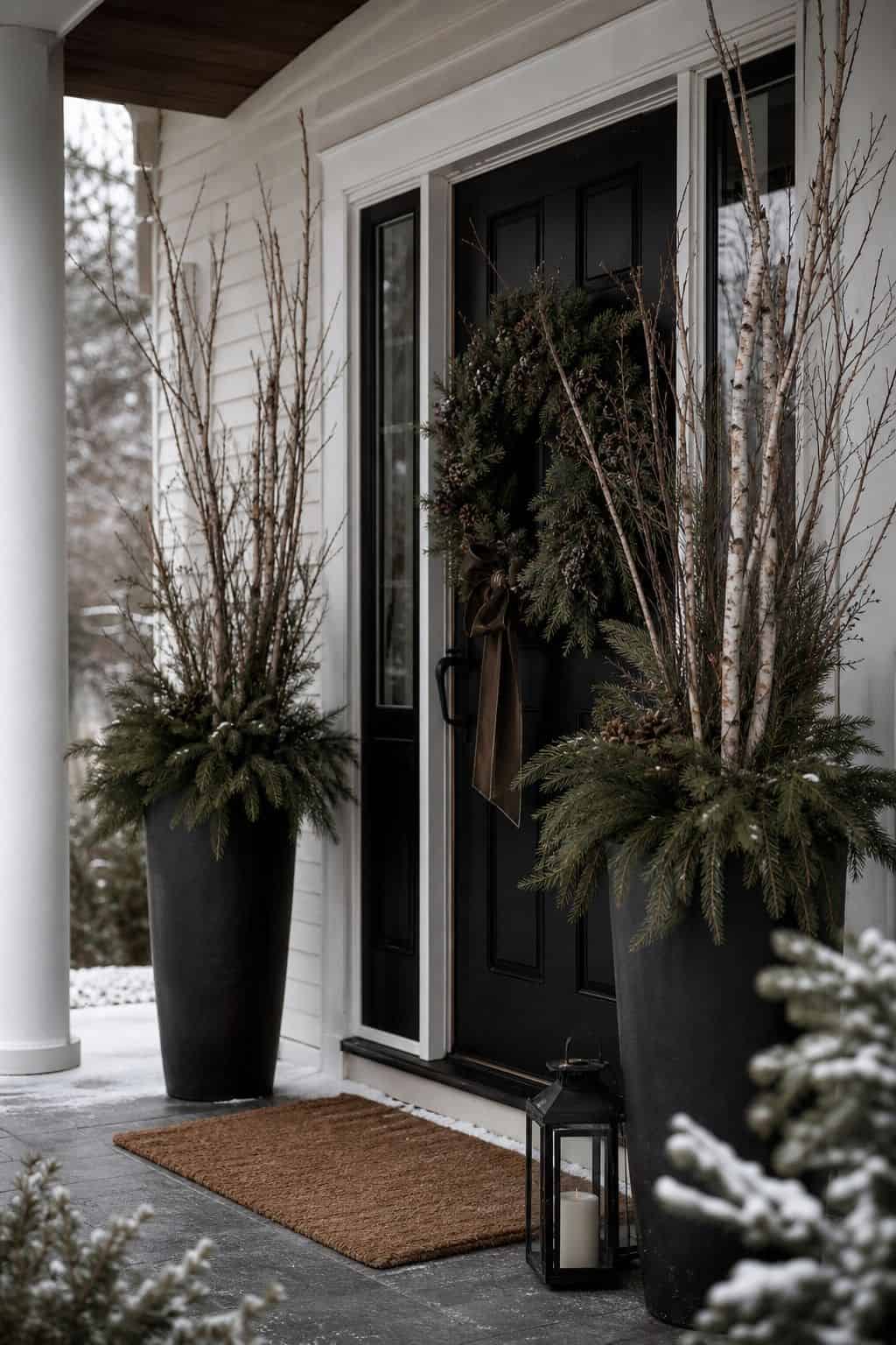 Winter porch decor idea with planters with branches for practical seasonal styling.