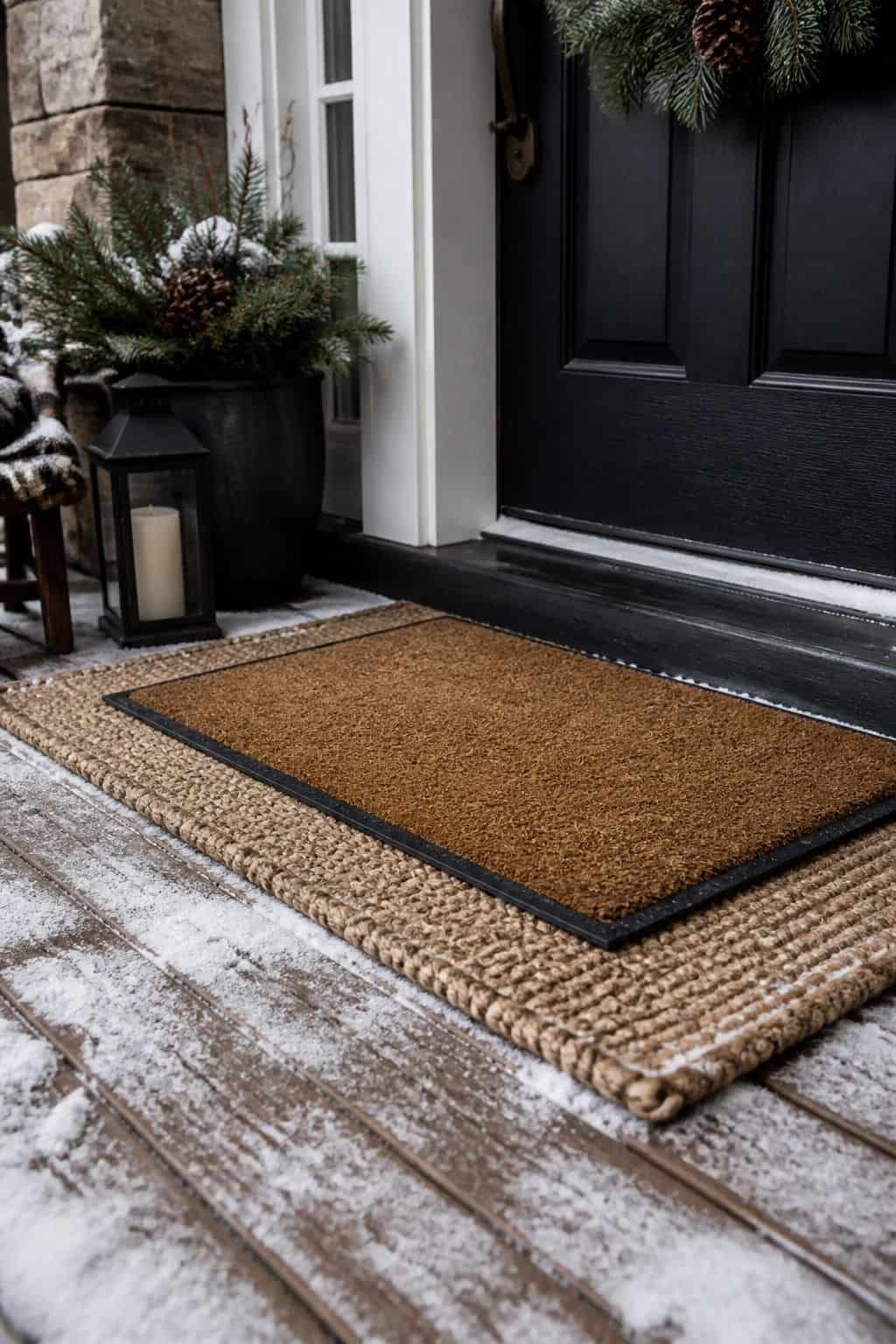 Winter porch decor idea with layered doormat for practical seasonal styling.