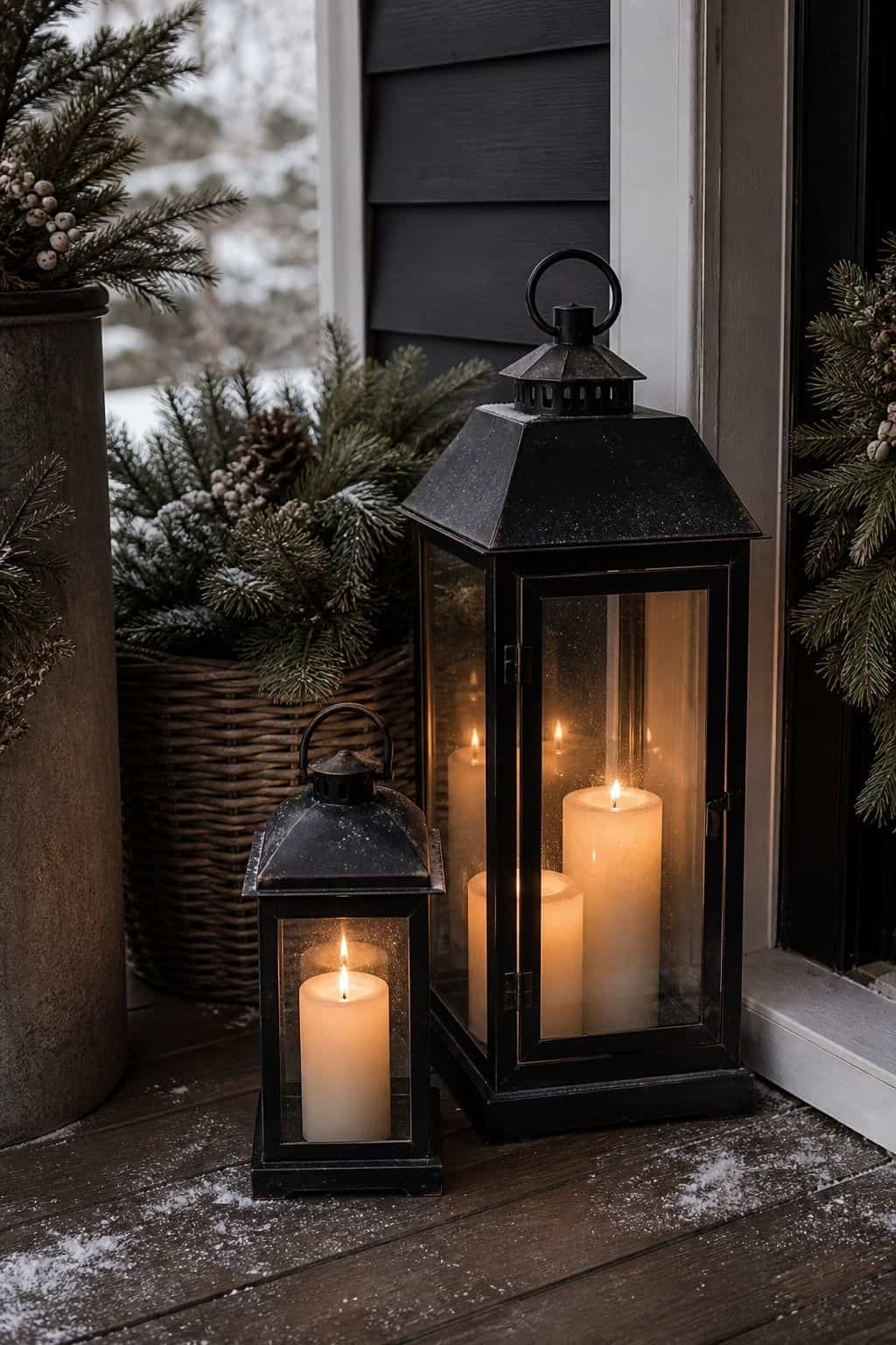 Winter porch decor idea with outdoor battery candles for practical seasonal styling.