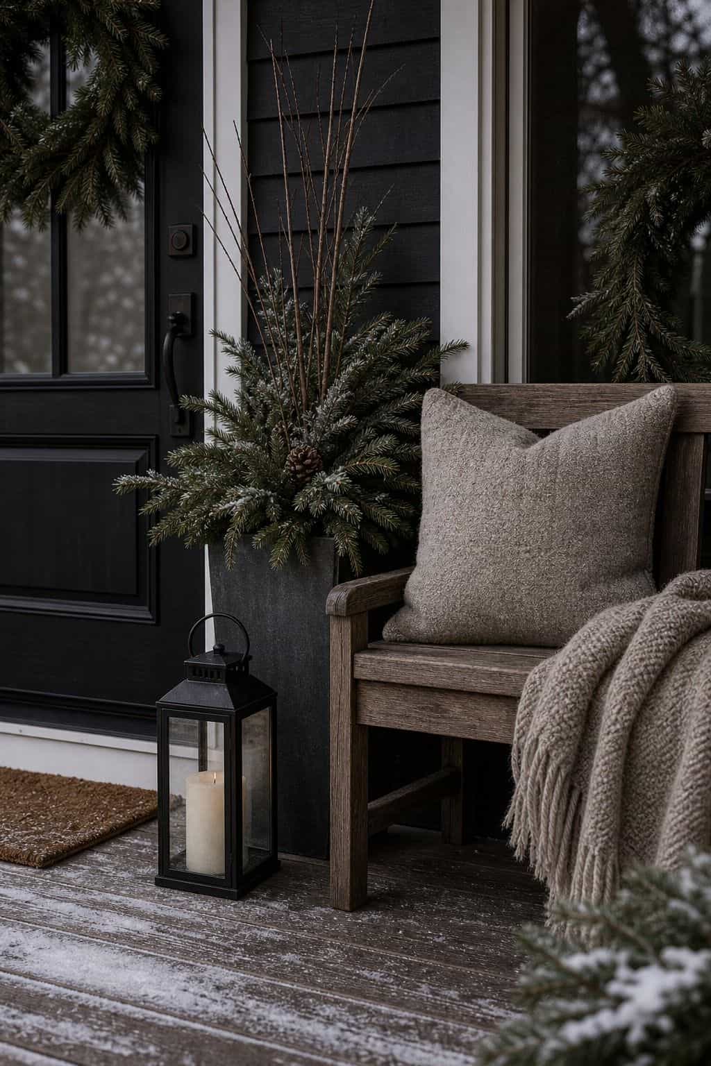 Winter porch decor idea with winter porch pillow for practical seasonal styling.