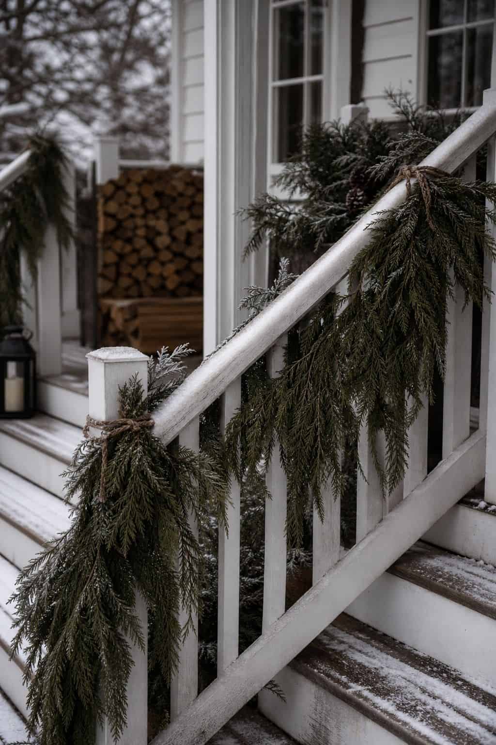 Winter porch decor idea with cedar rail garland for practical seasonal styling.
