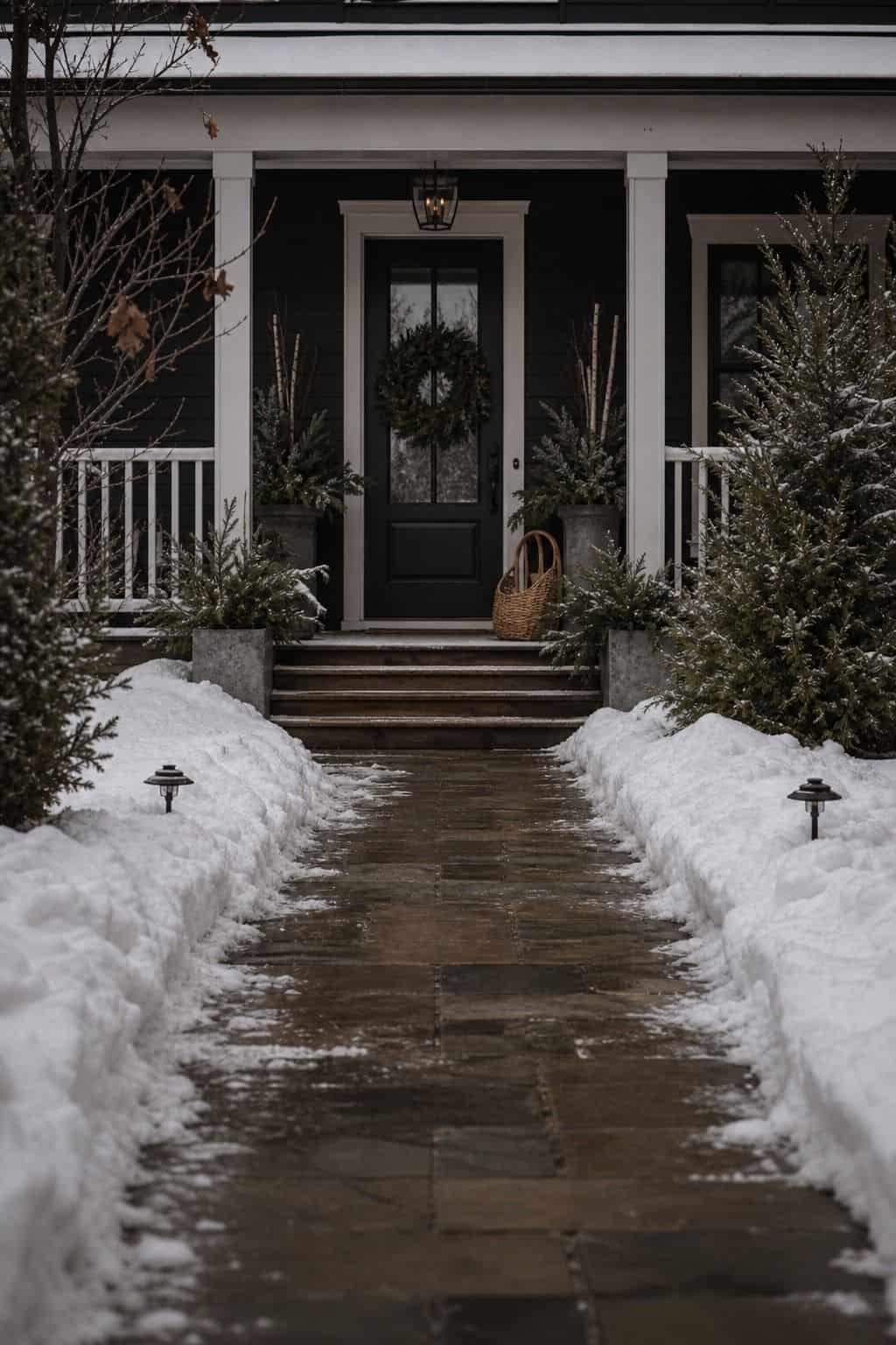 Winter porch decor idea with clear walkway first for practical seasonal styling.