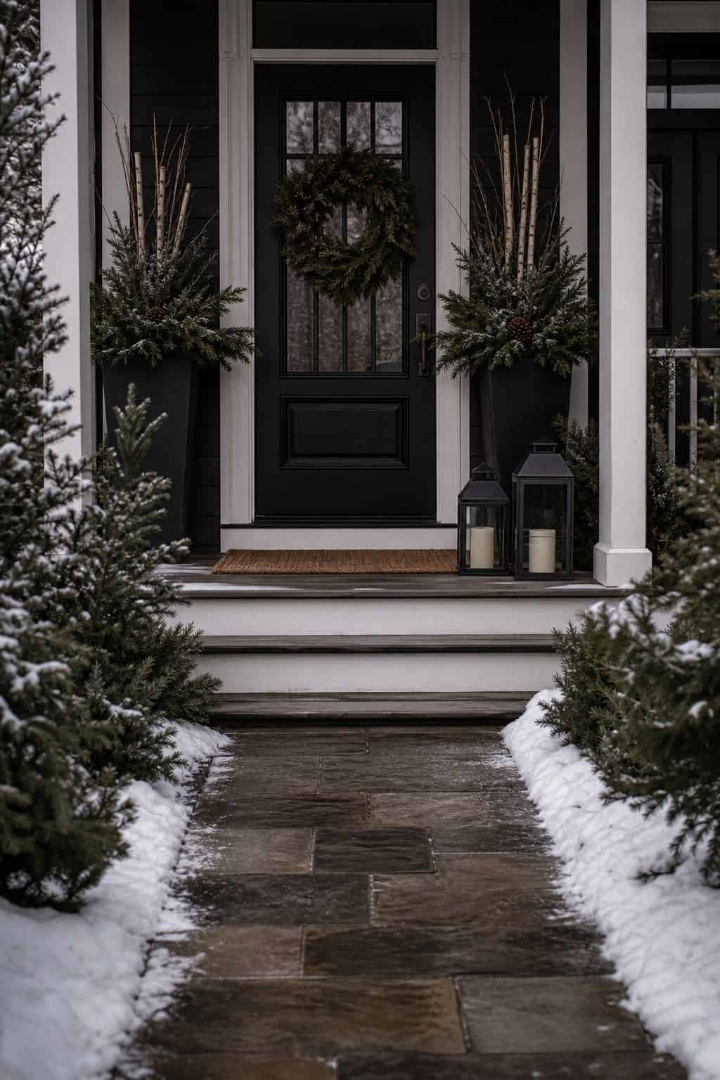 Winter porch decor idea with no slippery decor for practical seasonal styling.