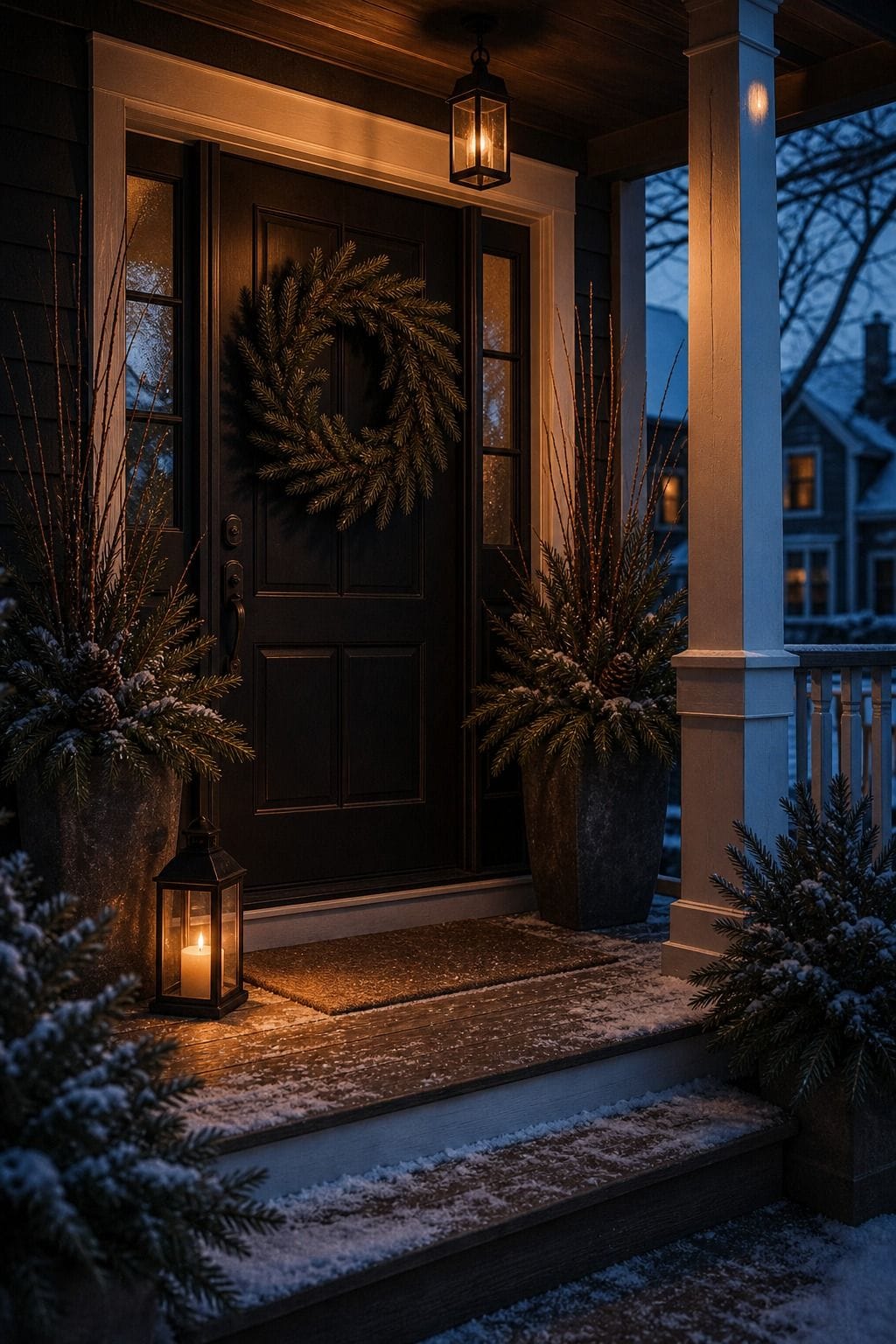 Winter porch decor idea with warm light at dusk for practical seasonal styling.