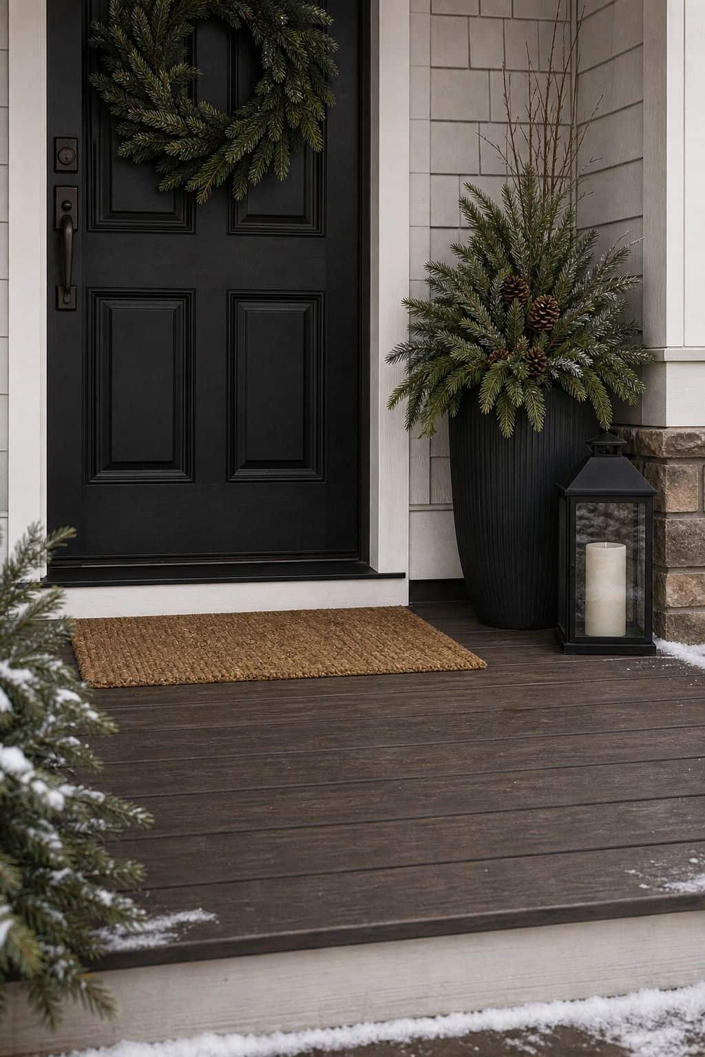 Winter porch decor idea with package space left open for practical seasonal styling.