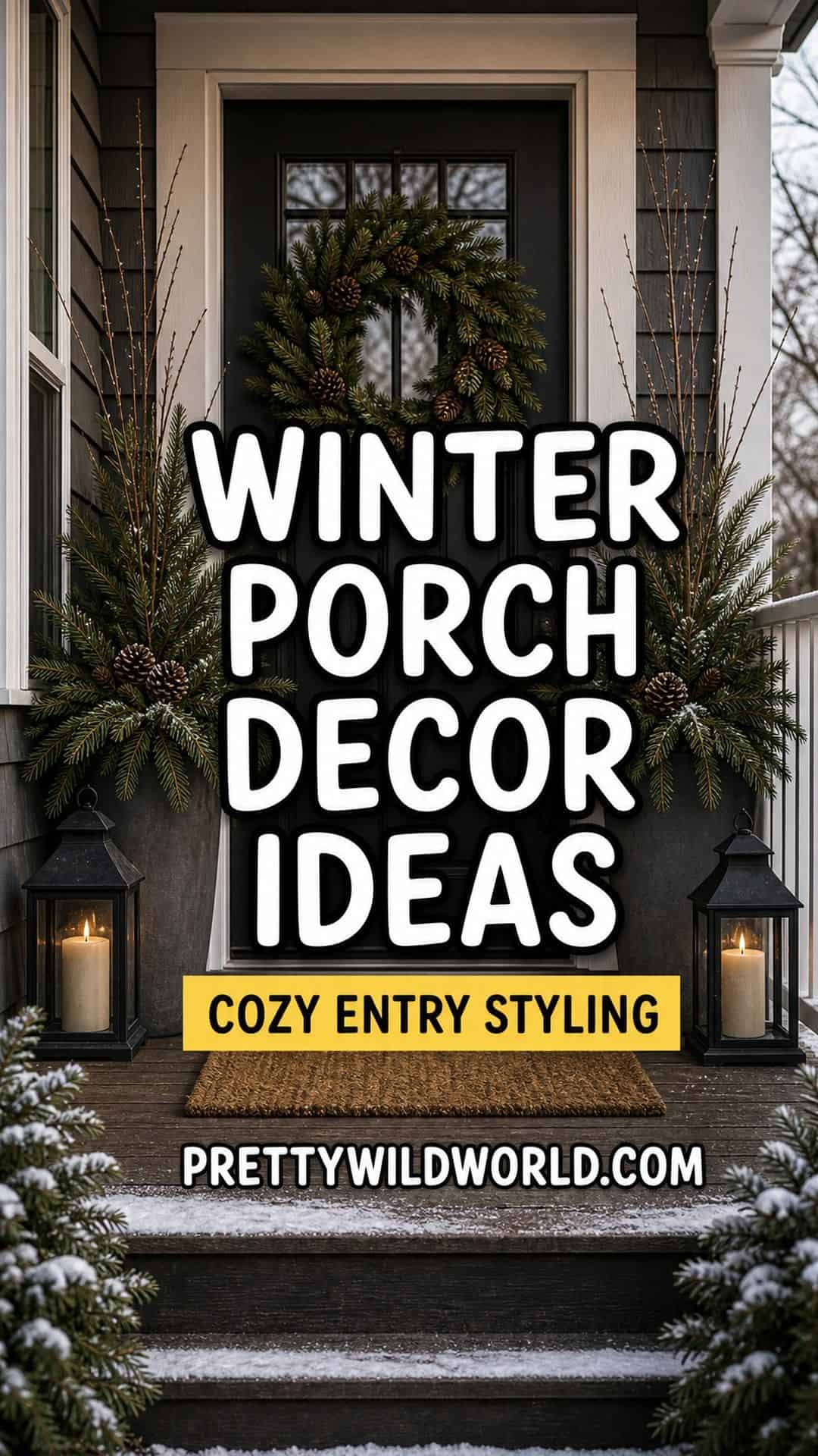 Pinterest pin for winter porch decor ideas with a cozy styled front entry.