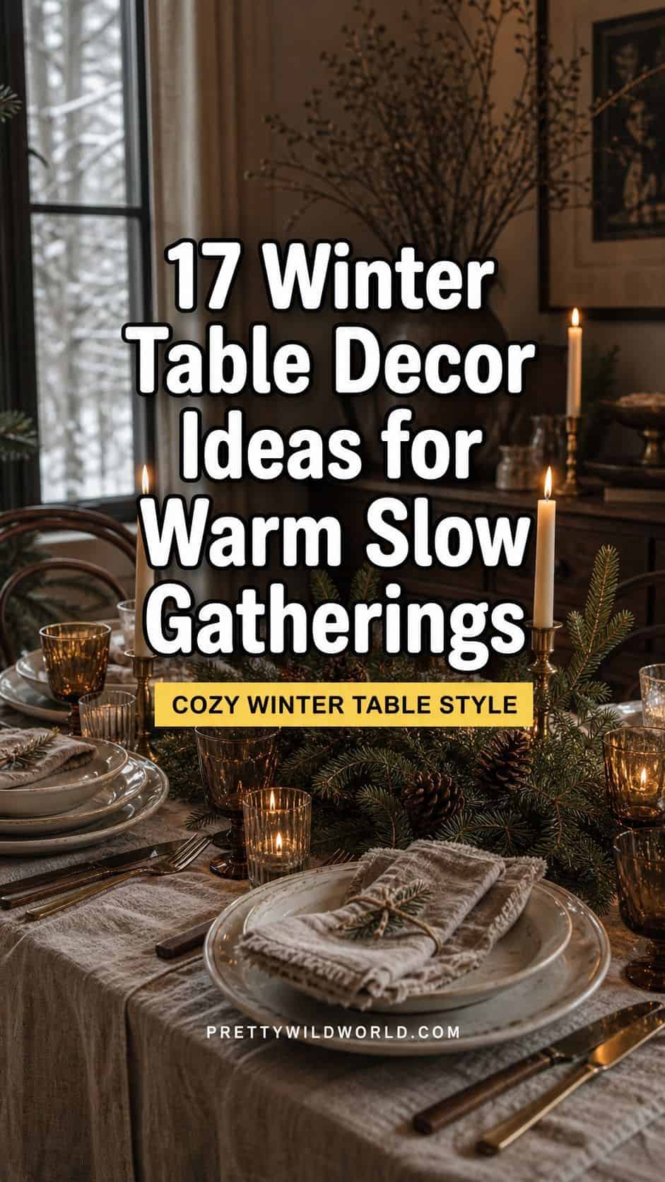 Pinterest pin for warm winter table decor ideas with candles and greenery.