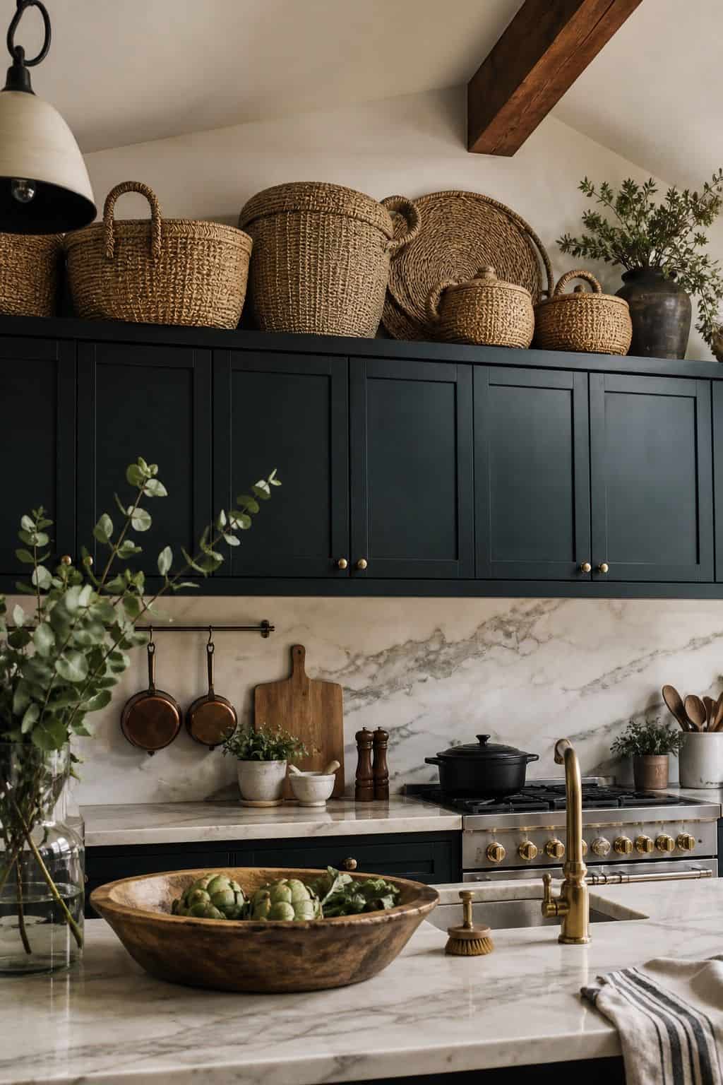 Large woven baskets styled above kitchen cabinets