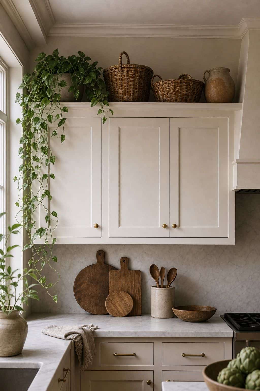 Trailing greenery placed above kitchen cabinets