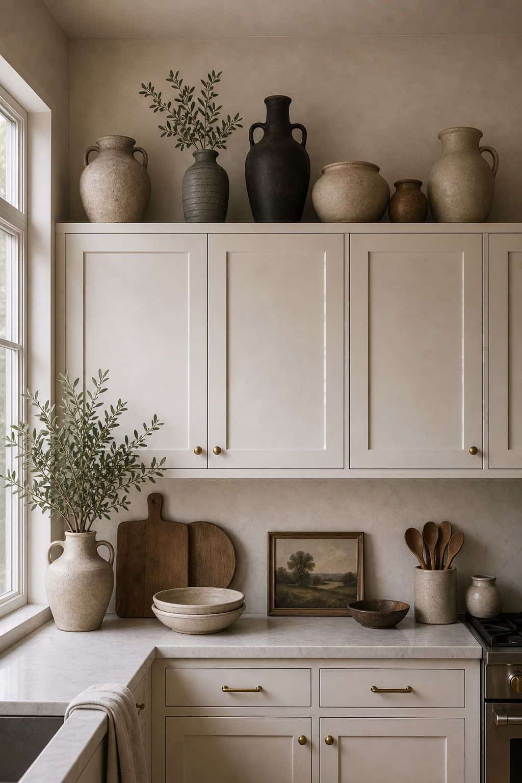 Grouped ceramic vases above kitchen cabinets