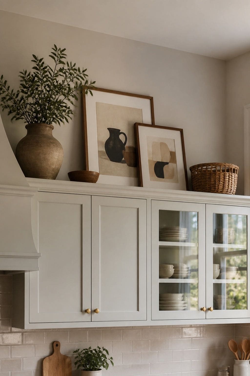 Framed art leaning above kitchen cabinets