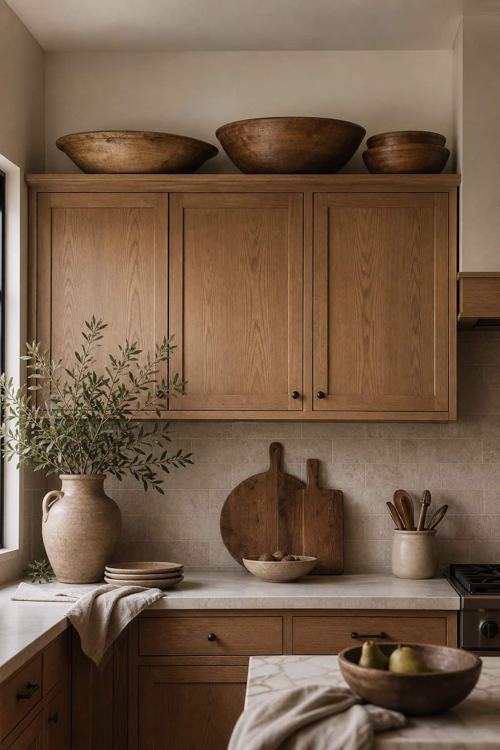 Wood bowls displayed above kitchen cabinets