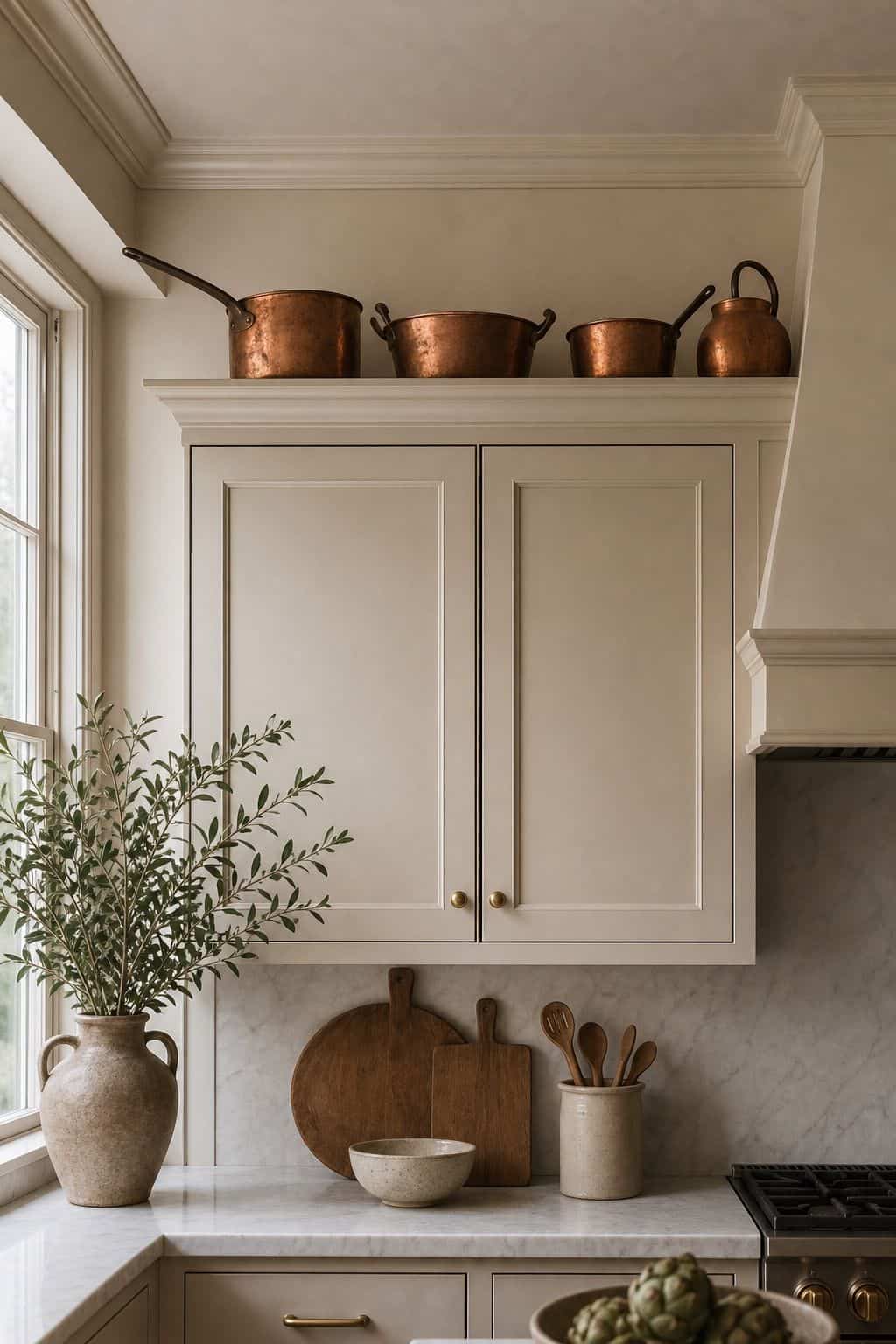 Copper pots styled above kitchen cabinets