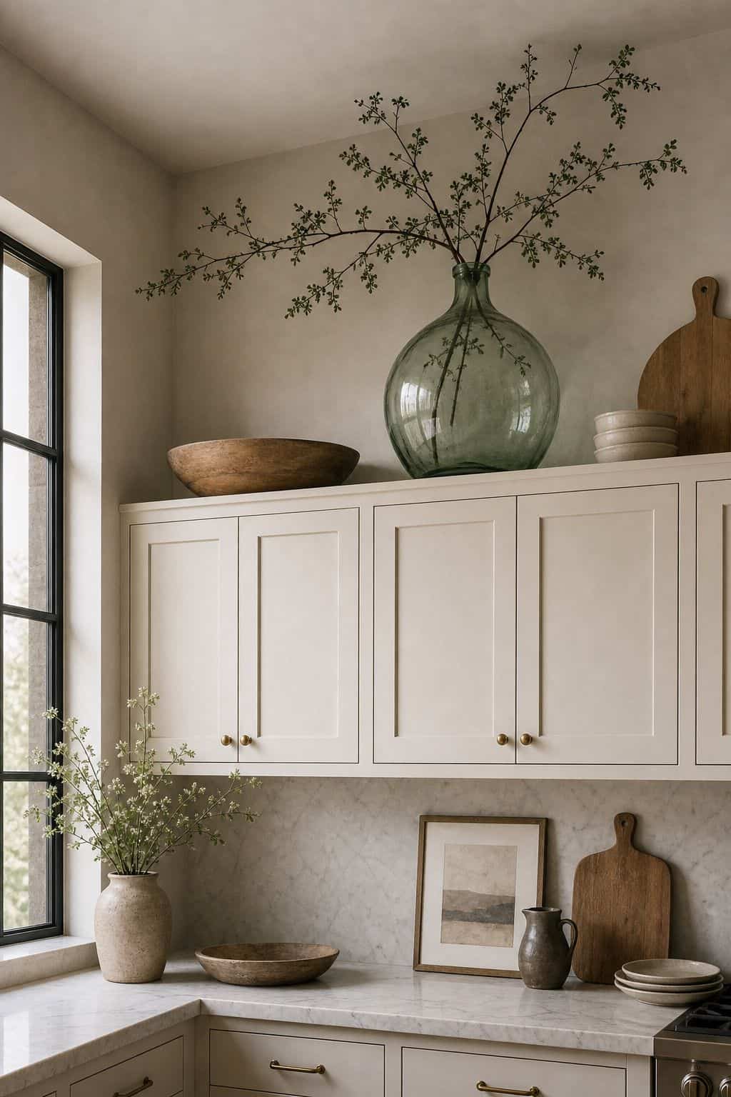 Glass demijohn vase above kitchen cabinets