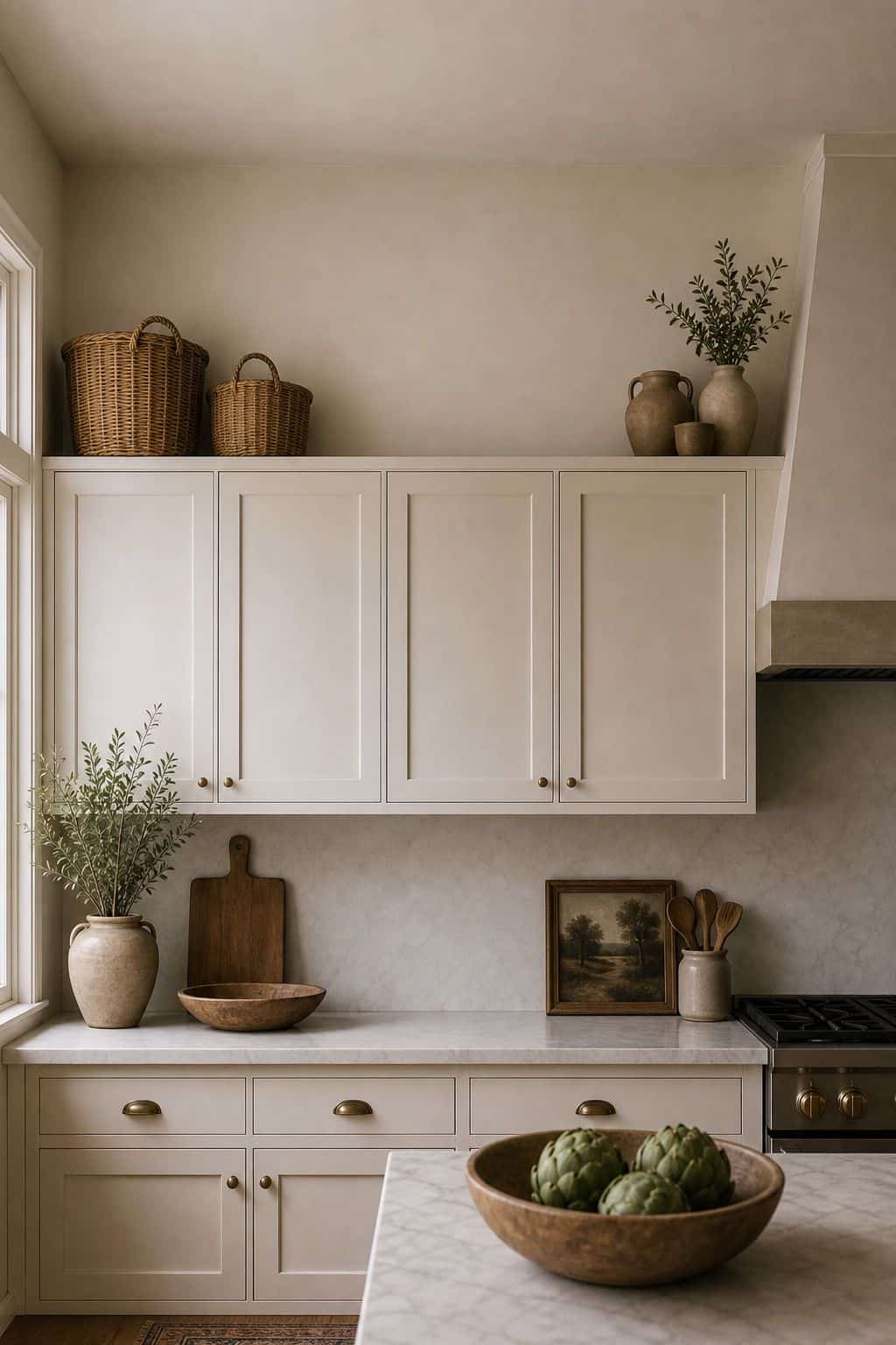 Decor groups spaced above kitchen cabinets