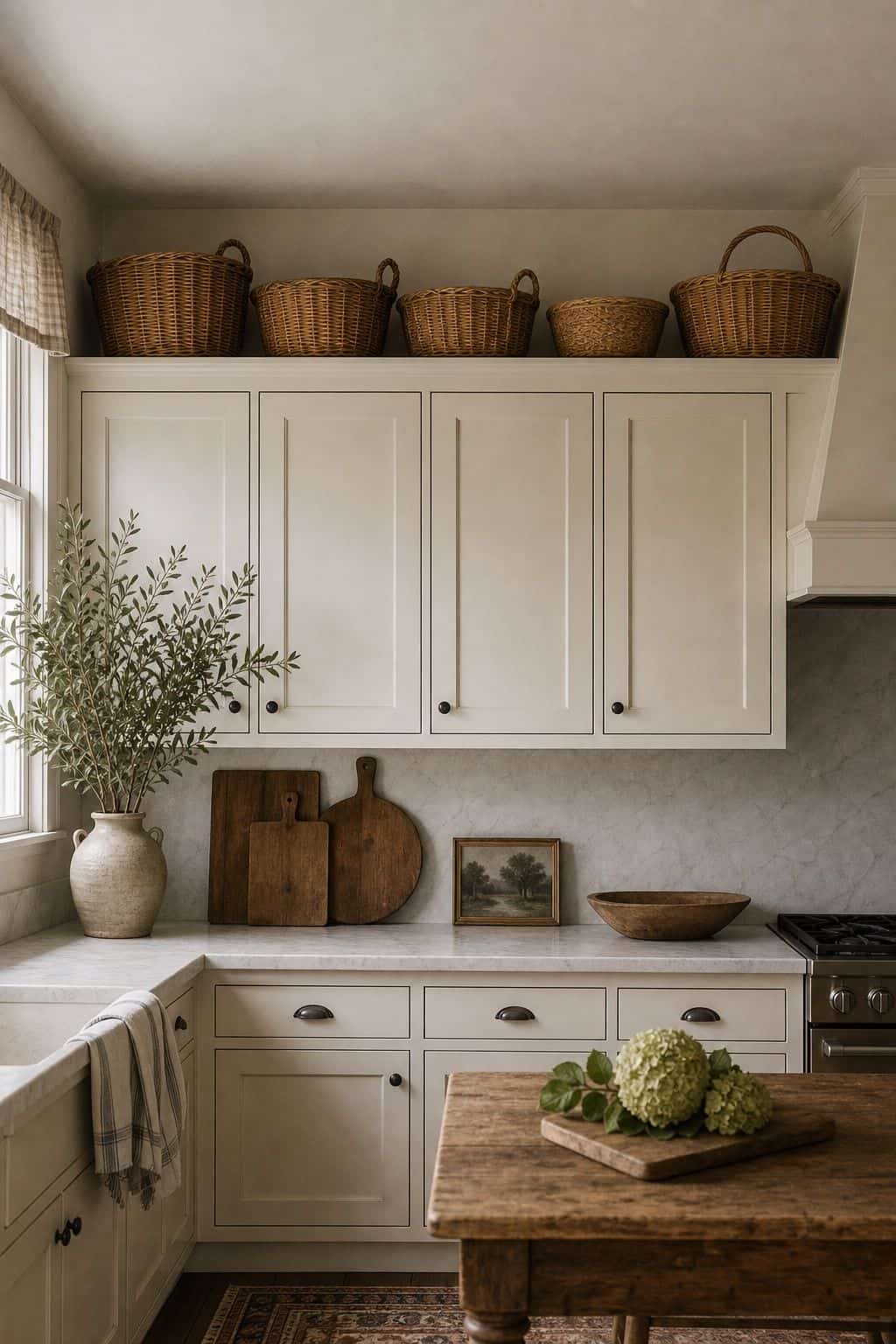 Long row of baskets above kitchen cabinets