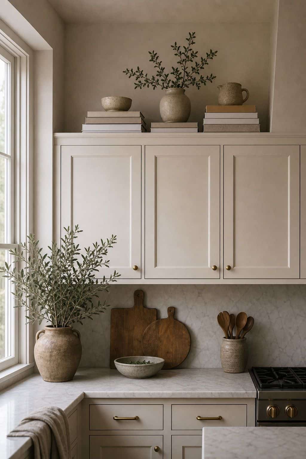 Cookbook stacks adding height above kitchen cabinets