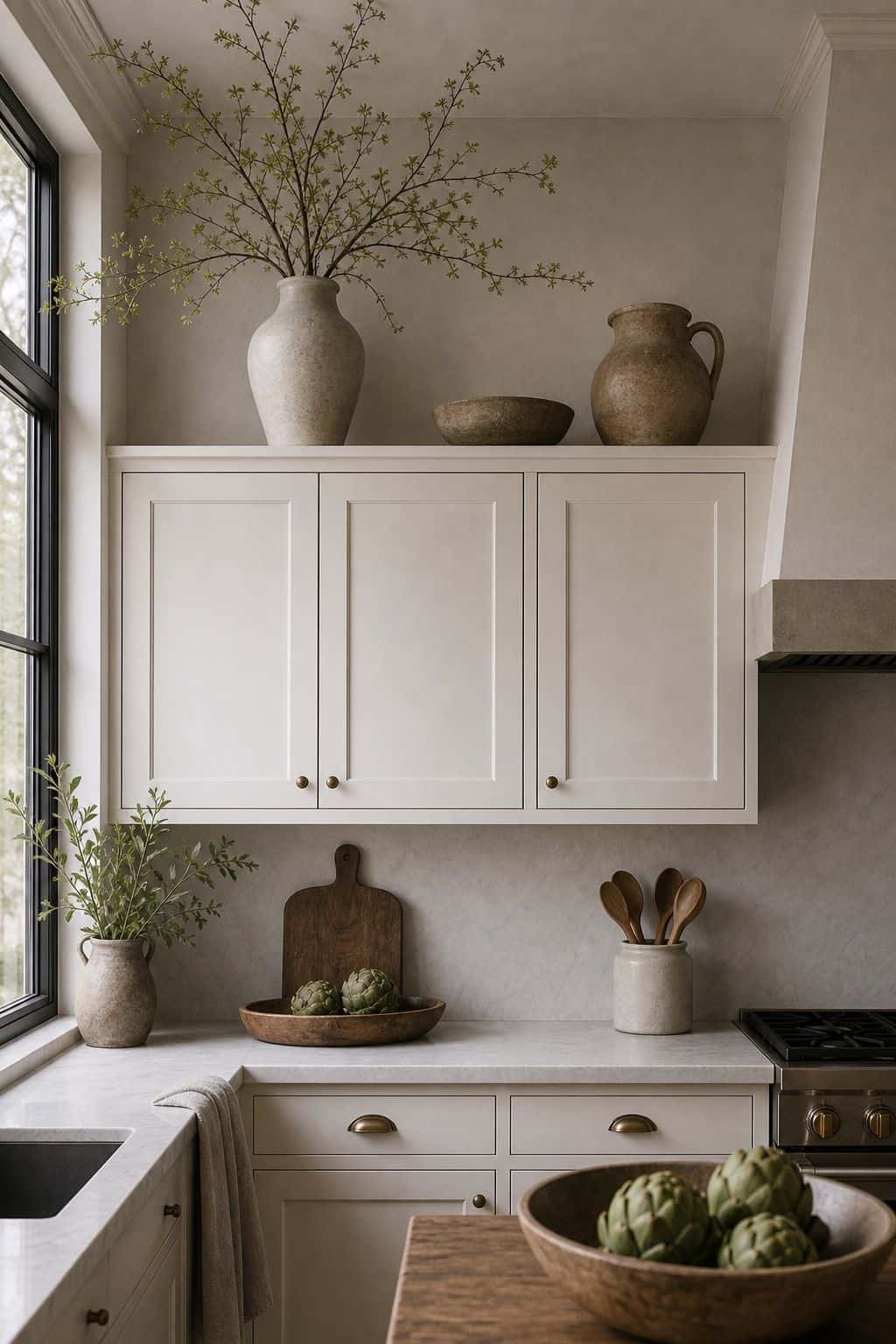 Seasonal branches in a vessel above kitchen cabinets