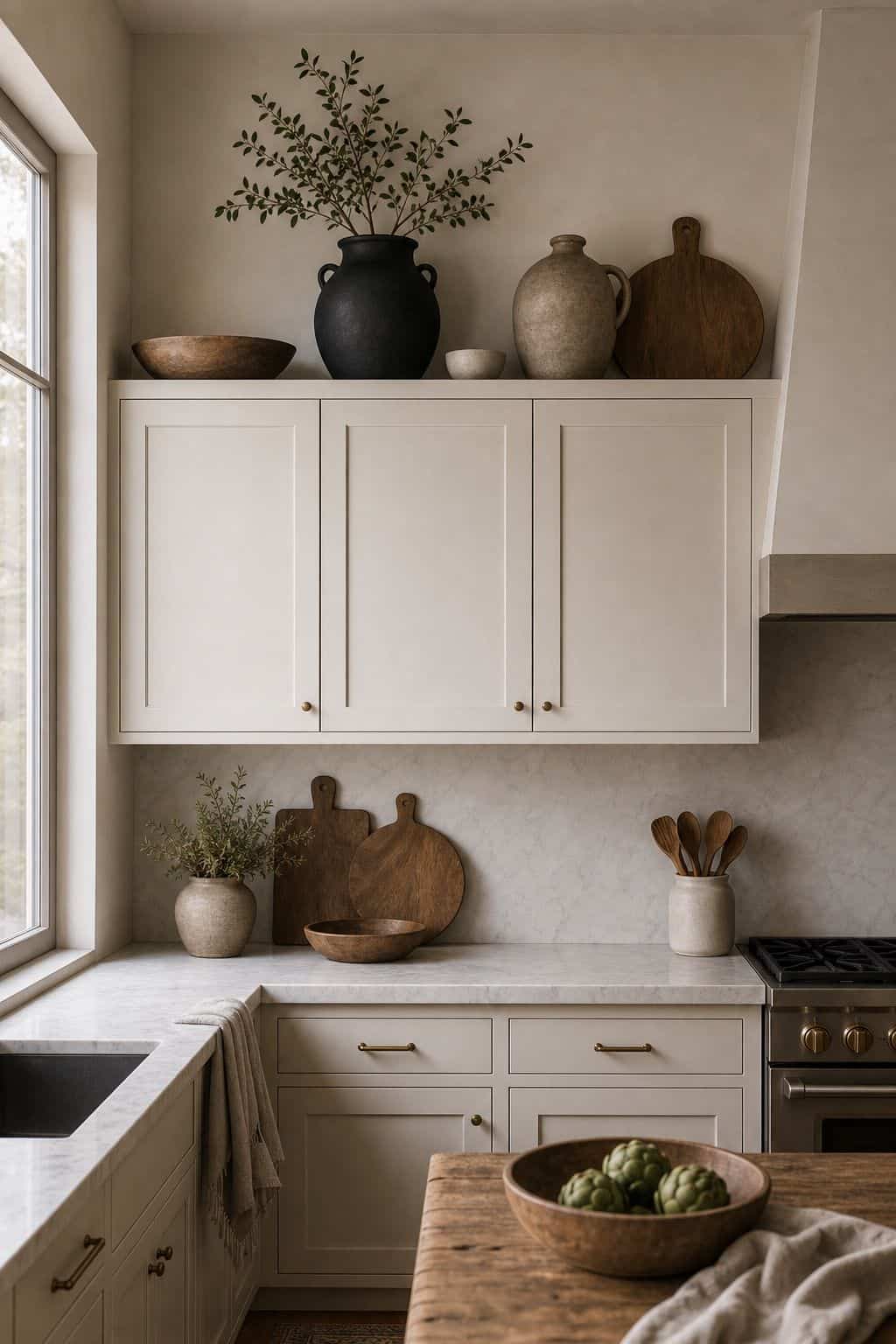 Matte black accent decor above kitchen cabinets