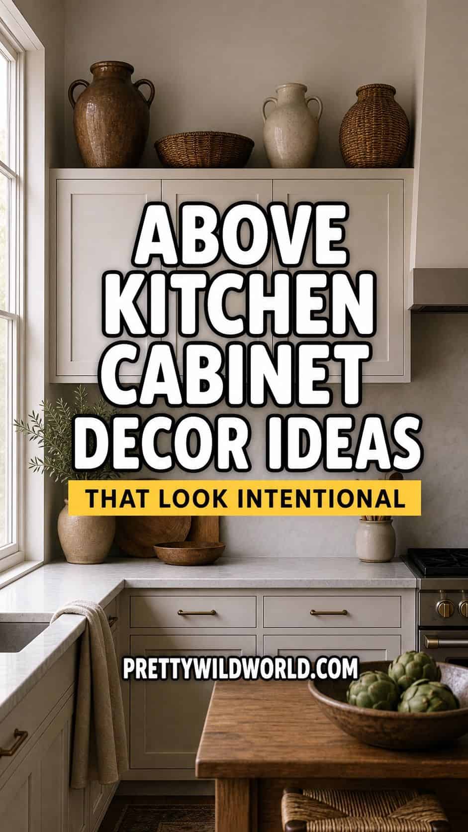 Pinterest pin for above kitchen cabinet decor ideas