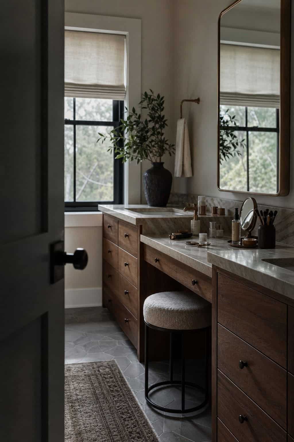 Bathroom vanity with a dedicated seated makeup counter and soft natural light