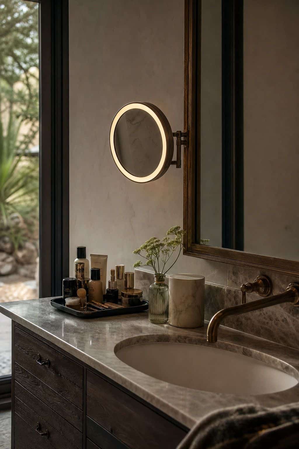 Bathroom makeup counter with a lighted mirror beside everyday beauty products