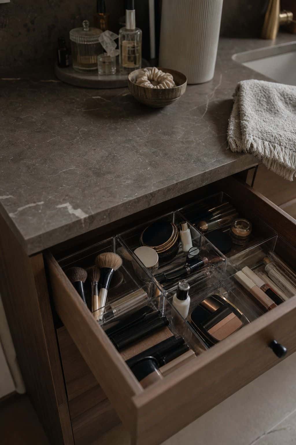 Acrylic drawer organizer filled with makeup on a clean bathroom vanity counter