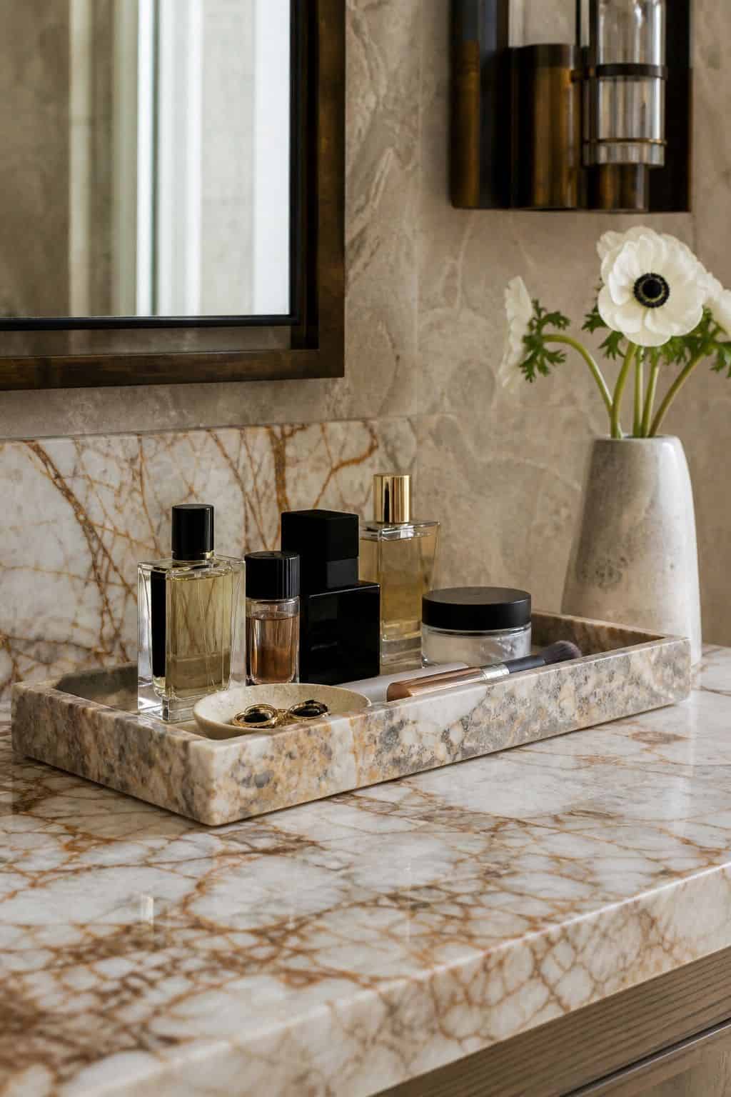 Marble vanity tray holding perfume and skincare on a bathroom makeup counter