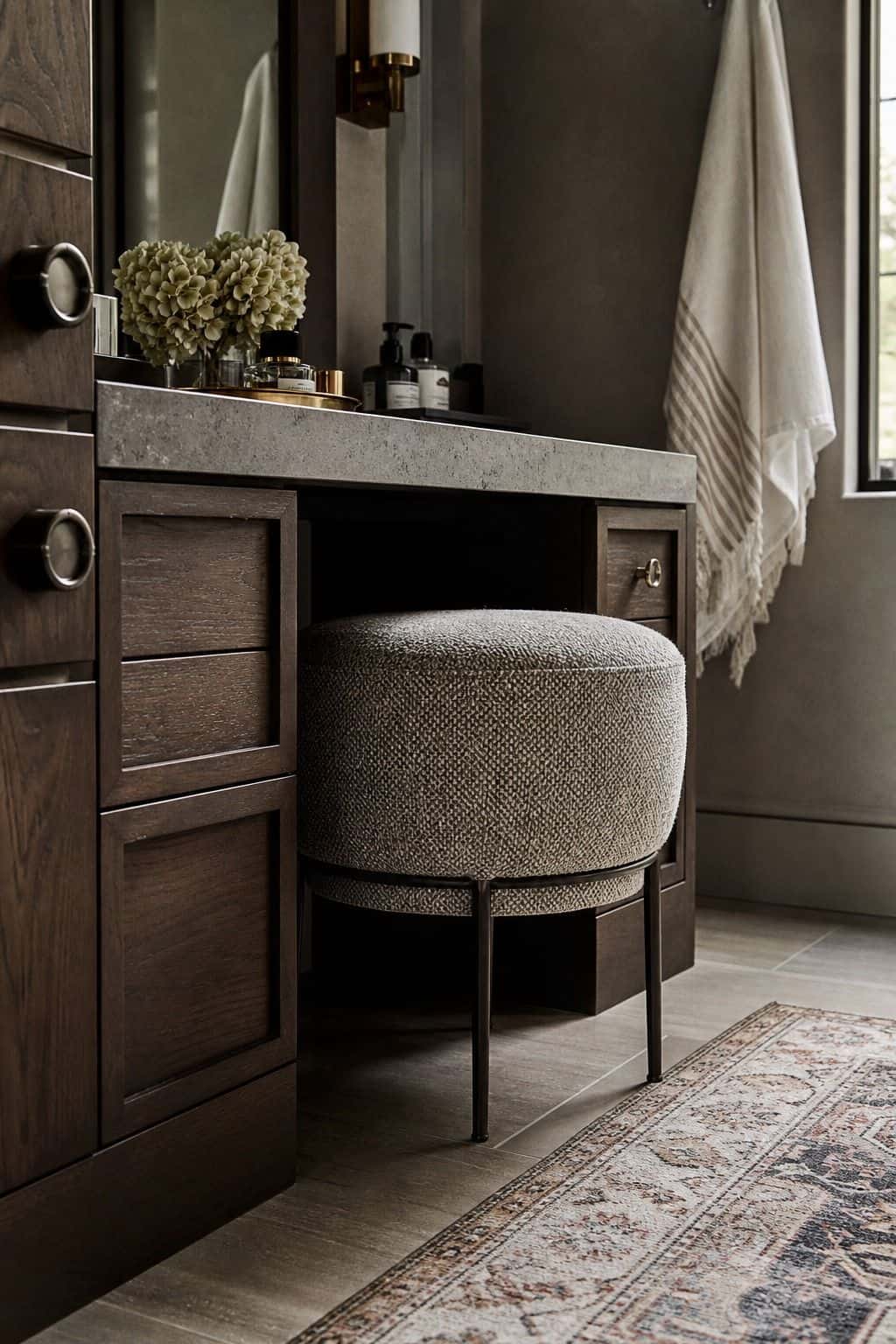 Small upholstered stool tucked beneath a seated bathroom makeup counter