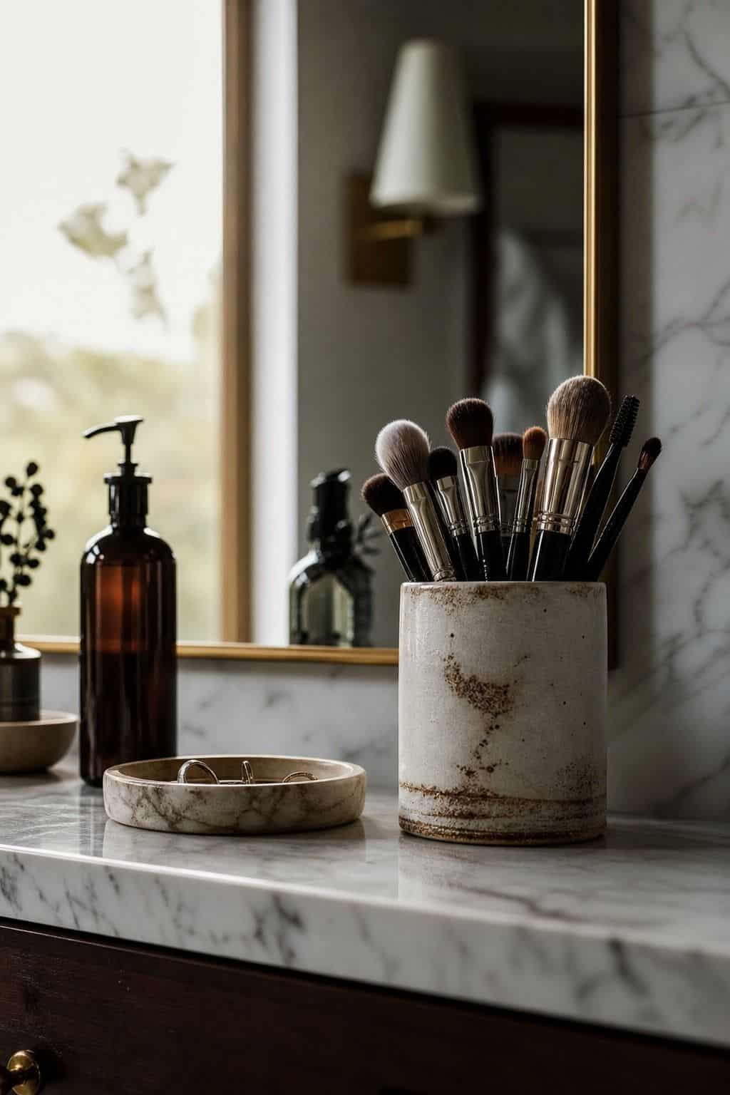 Ceramic brush holder with makeup brushes on a softly lit bathroom vanity counter