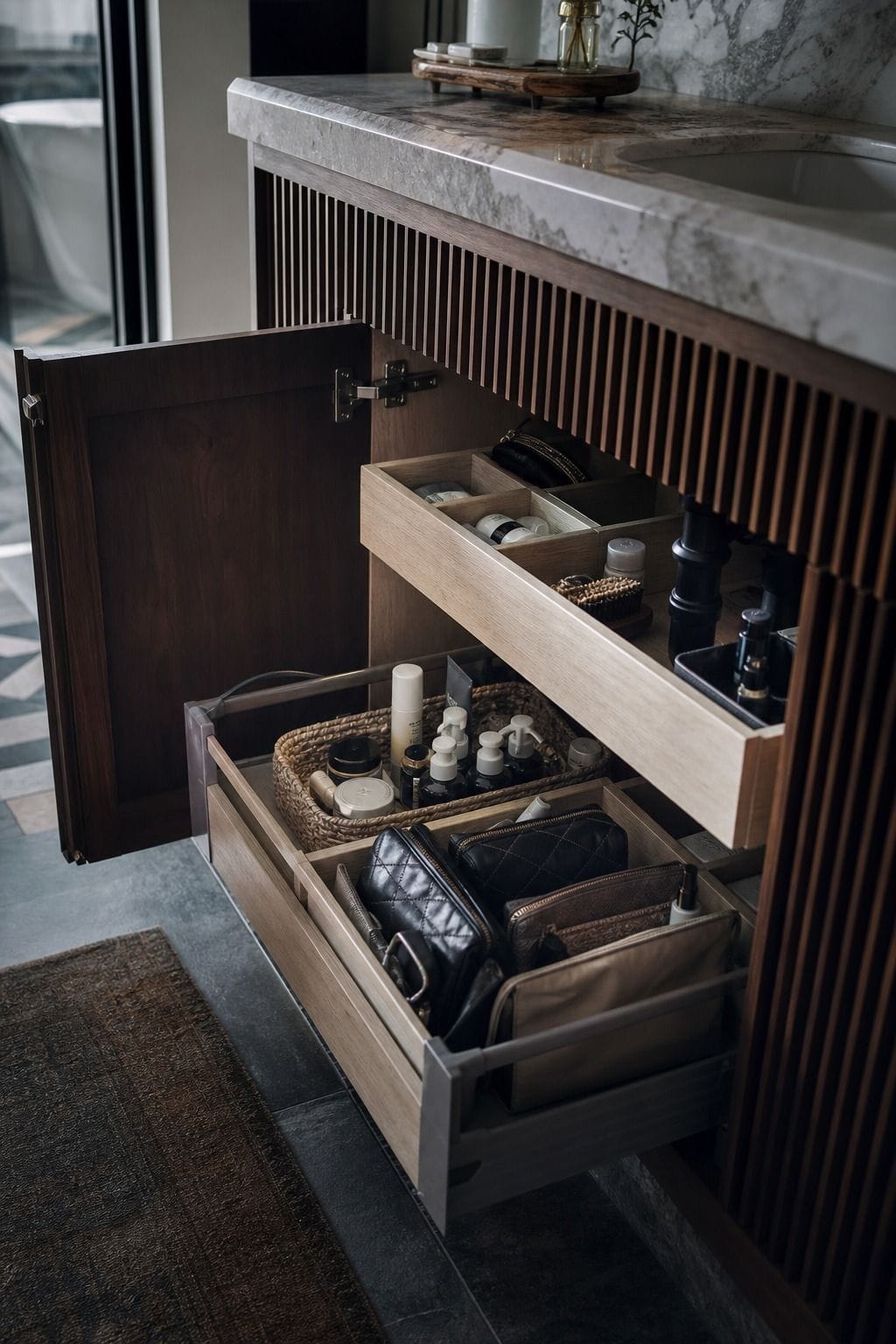 Open under-sink drawer system organizing skincare and makeup below a bathroom vanity