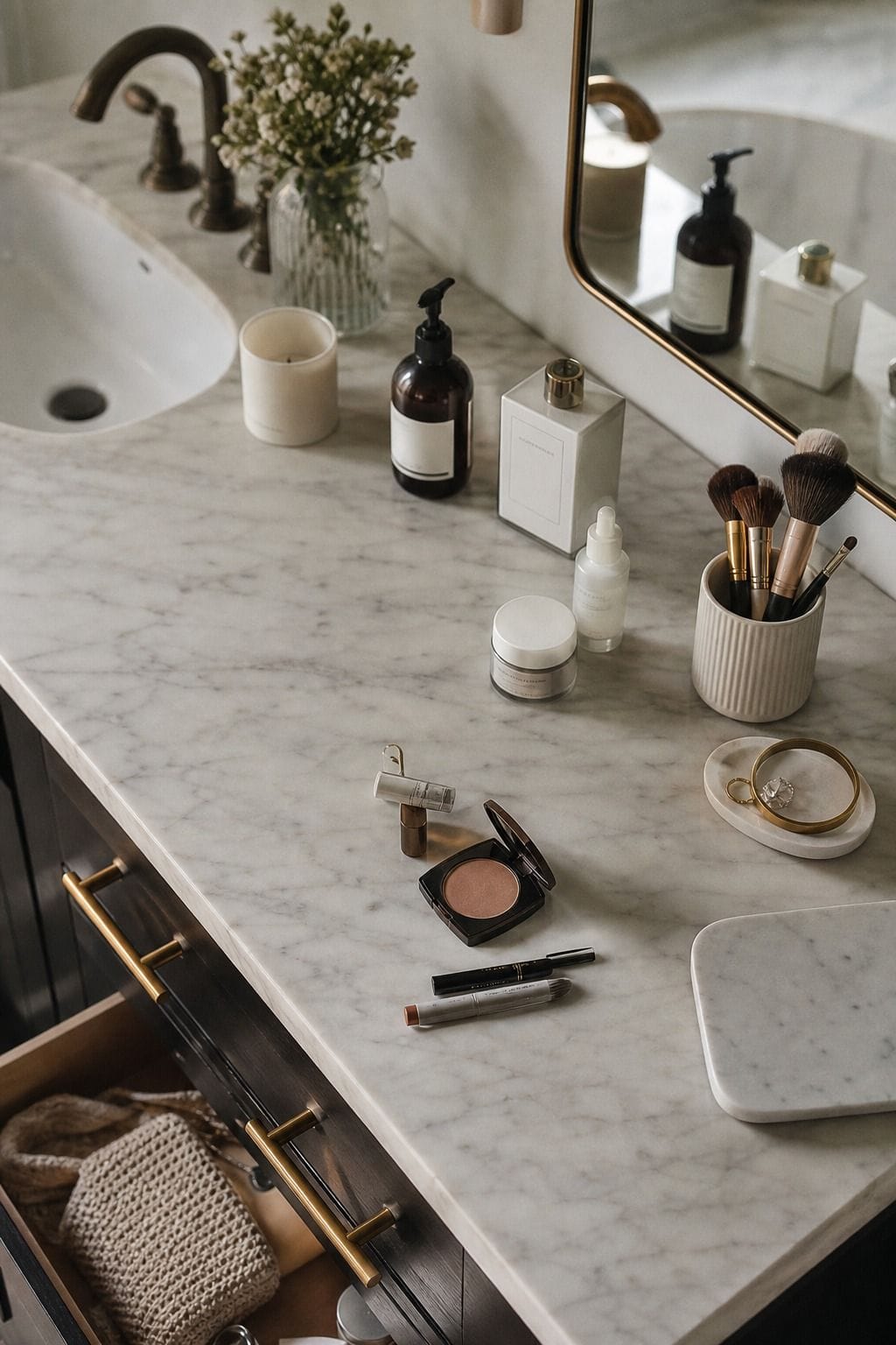 Neatly edited daily product zone on a bathroom vanity makeup counter