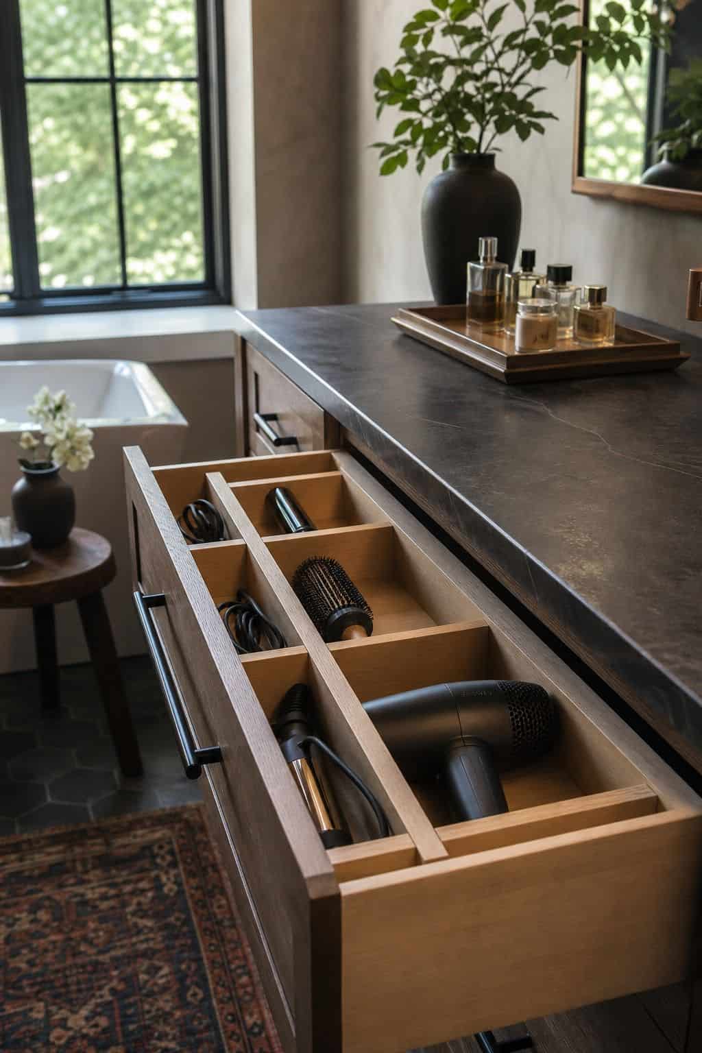 Pull-out bathroom vanity storage holding hair tools beside a makeup counter
