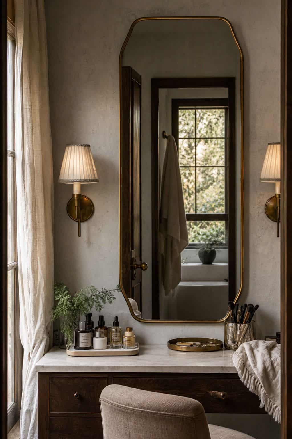 Balanced side lighting around a bathroom vanity mirror above a makeup counter