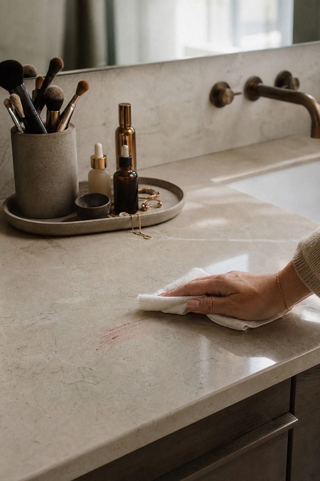 Smooth wipeable bathroom vanity counter with makeup and skincare arranged on a tray