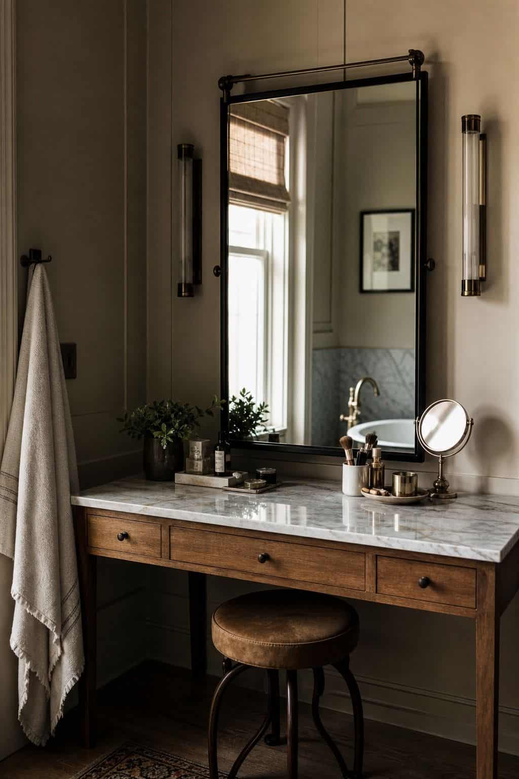 Bathroom vanity mirror positioned for a seated makeup counter with a stool below