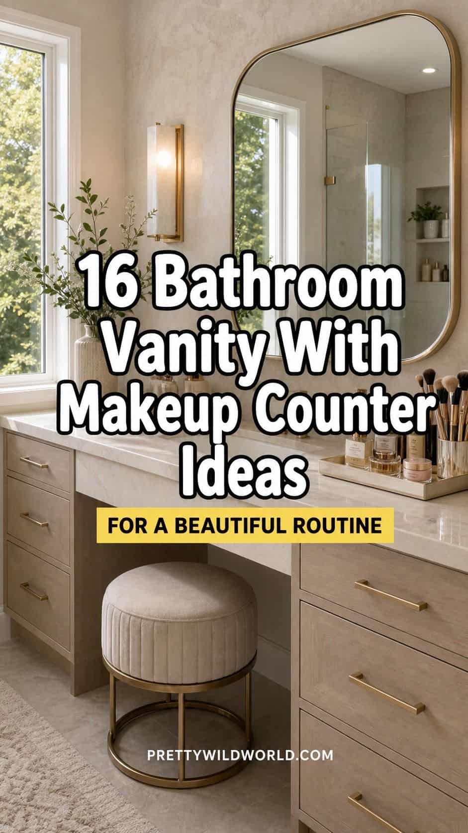 Pinterest pin for bathroom vanity with makeup counter ideas