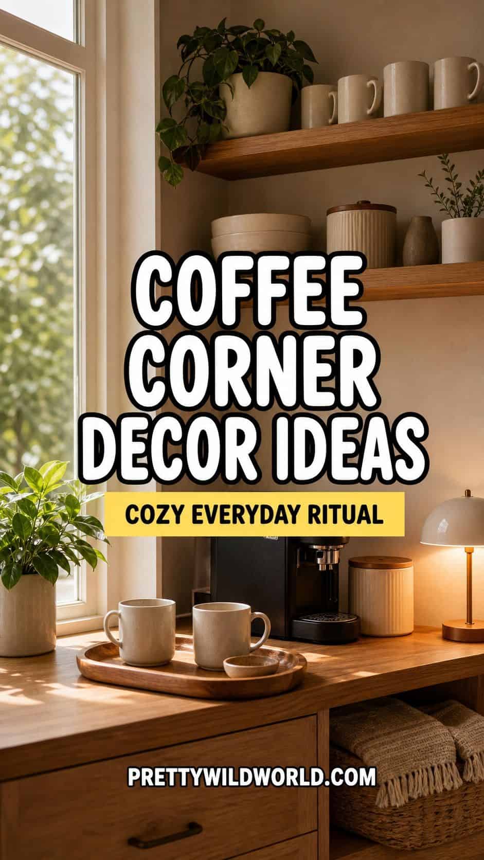 Pinterest pin for cozy coffee corner decor ideas.