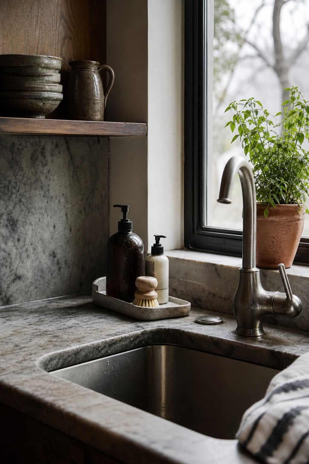 Corner kitchen sink with a small soap tray beside the faucet.