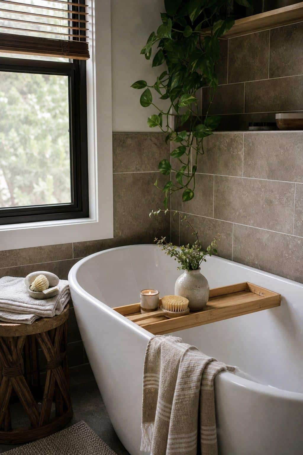 Corner bathtub with a bamboo bath tray and soft towels