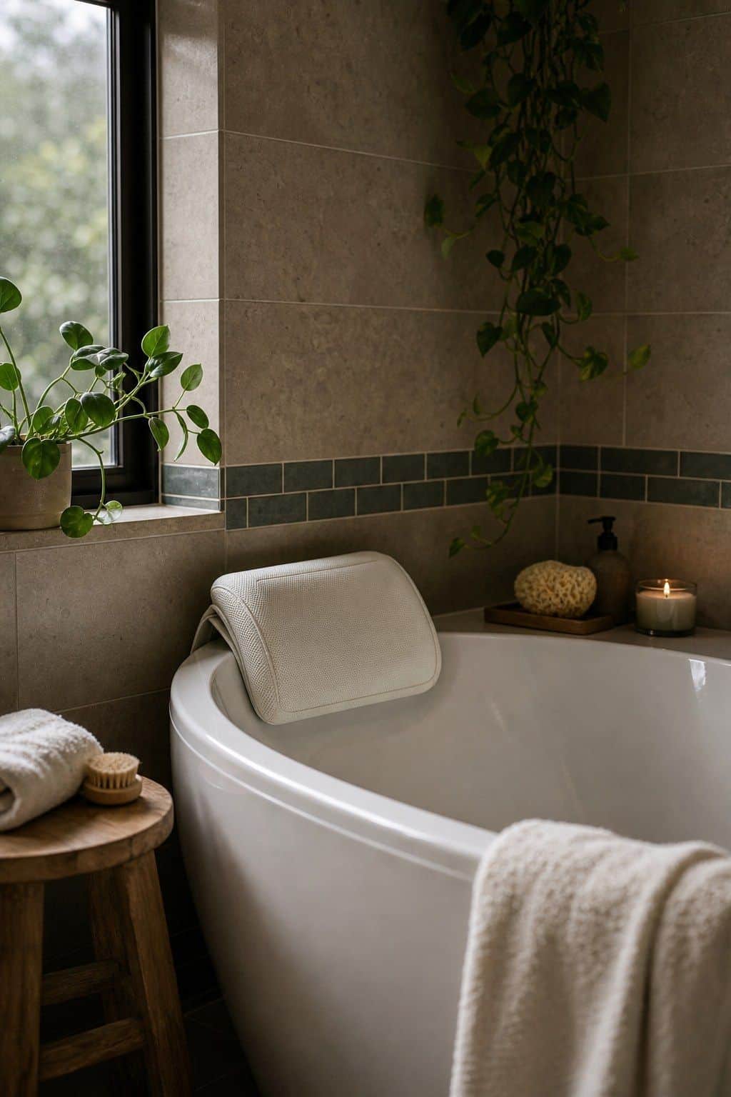 Corner bathtub with a waterproof bath pillow