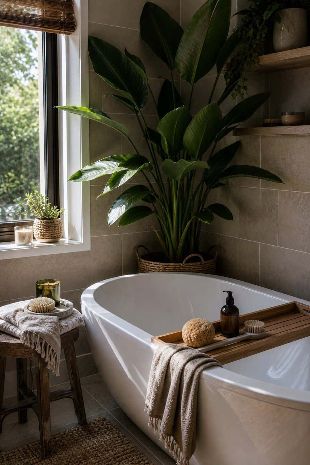 Corner bathtub with a large leafy plant in the corner