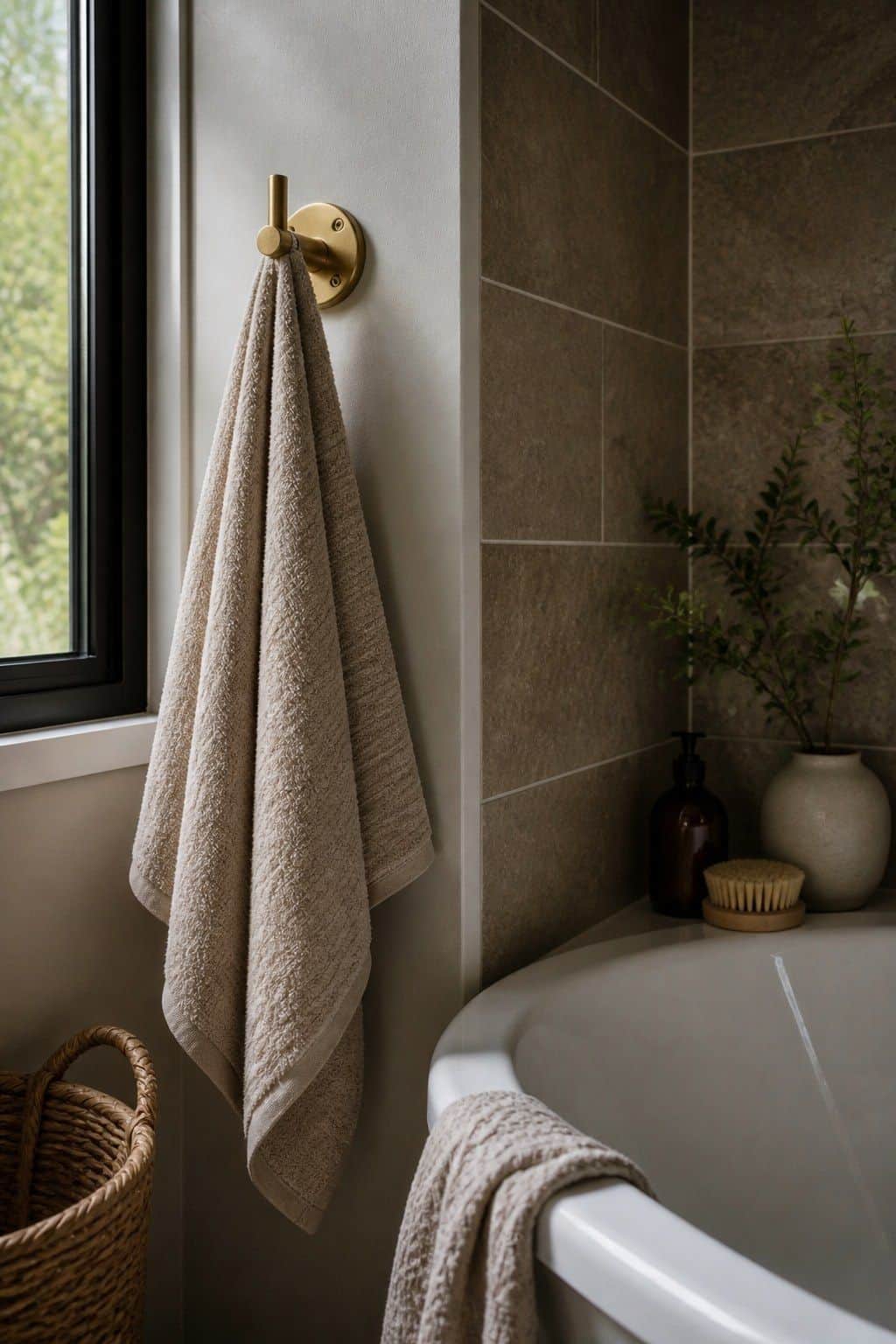 Brass towel hook beside a corner bathtub