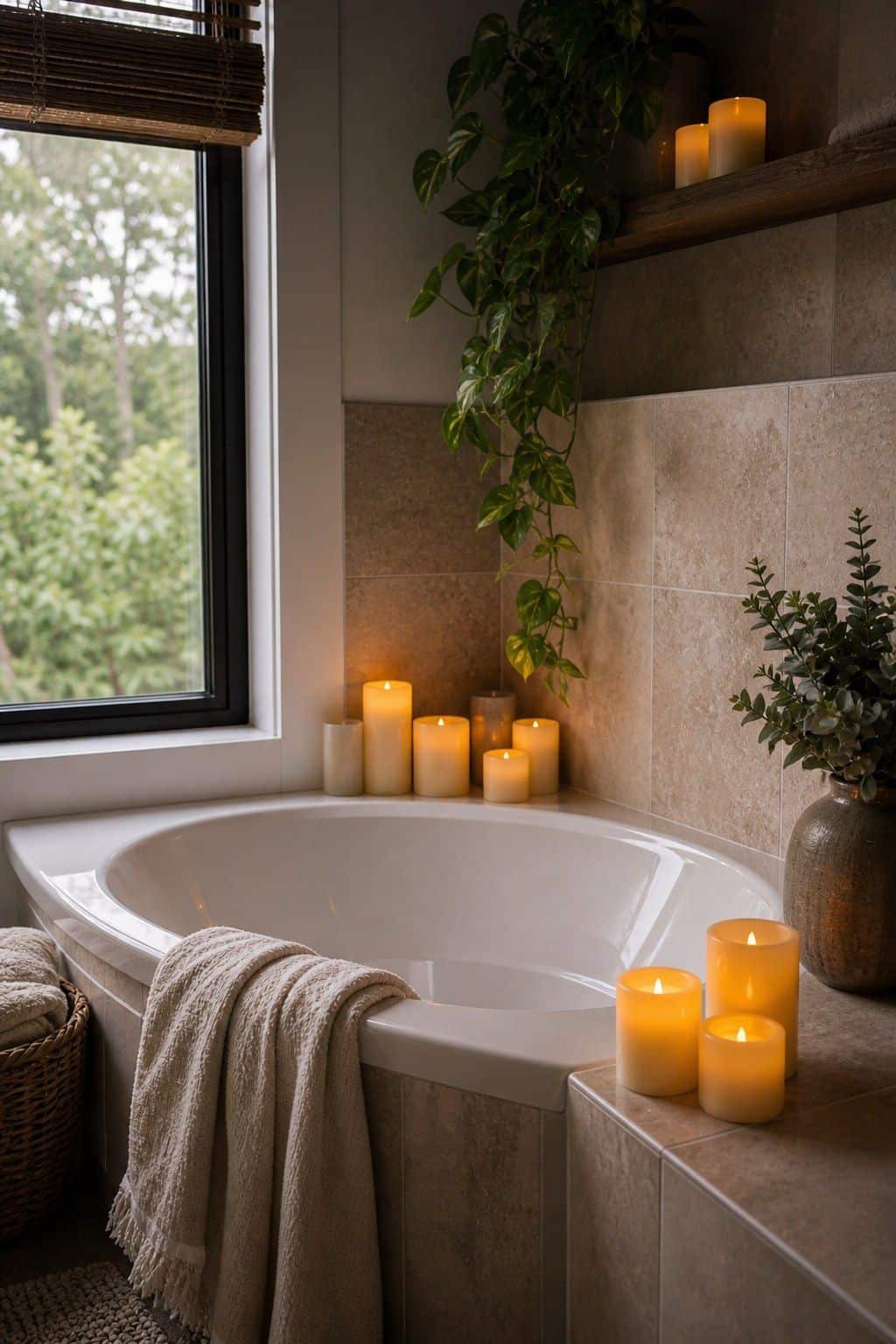 Battery candle group beside a corner bathtub
