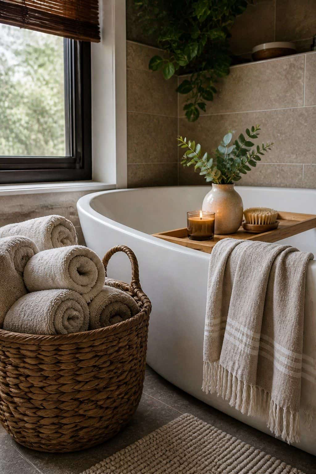 Rolled towel basket beside a corner bathtub