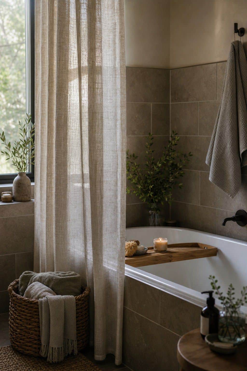 Soft privacy curtain beside a corner bathtub