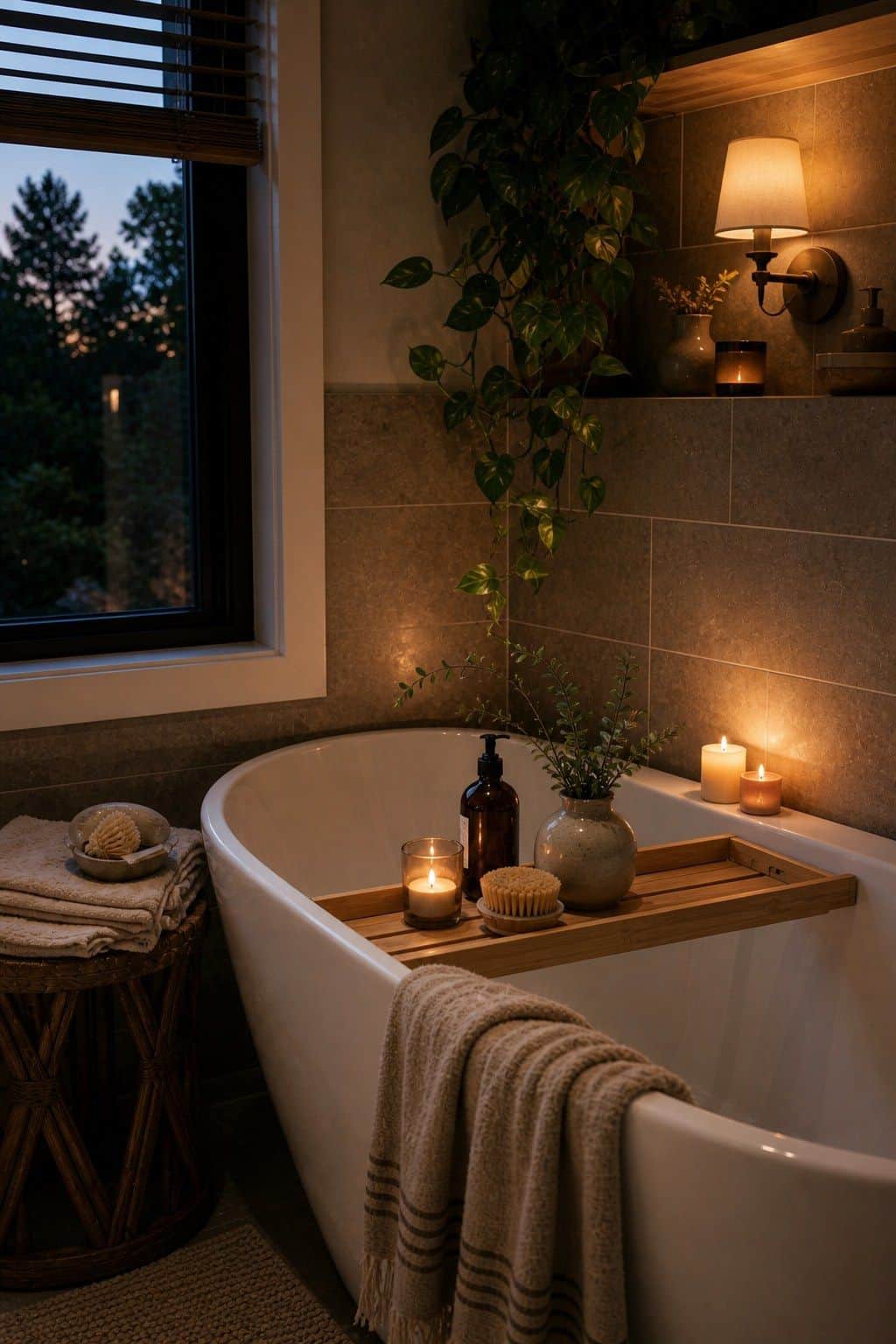 Evening-lit corner bathtub with warm candles
