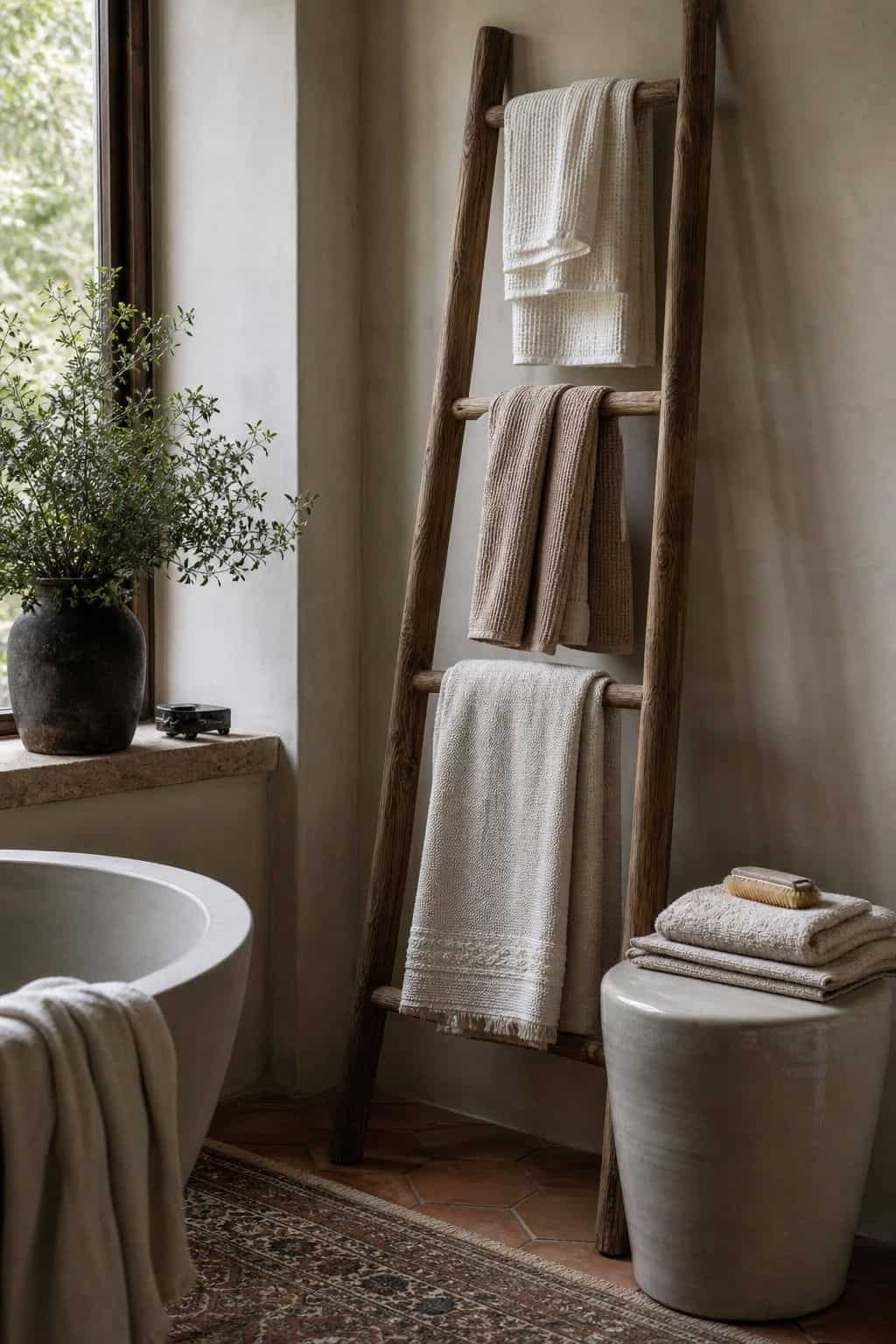 Natural wood towel ladder leaning in a bathroom corner with soft draped towels.